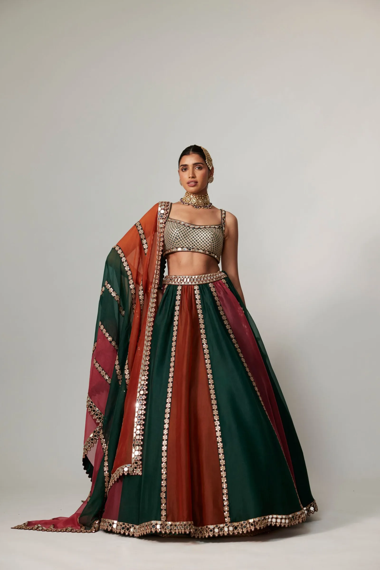 Striped Rust and Emerald Bridal Lehenga with Mirror Work Dupatta