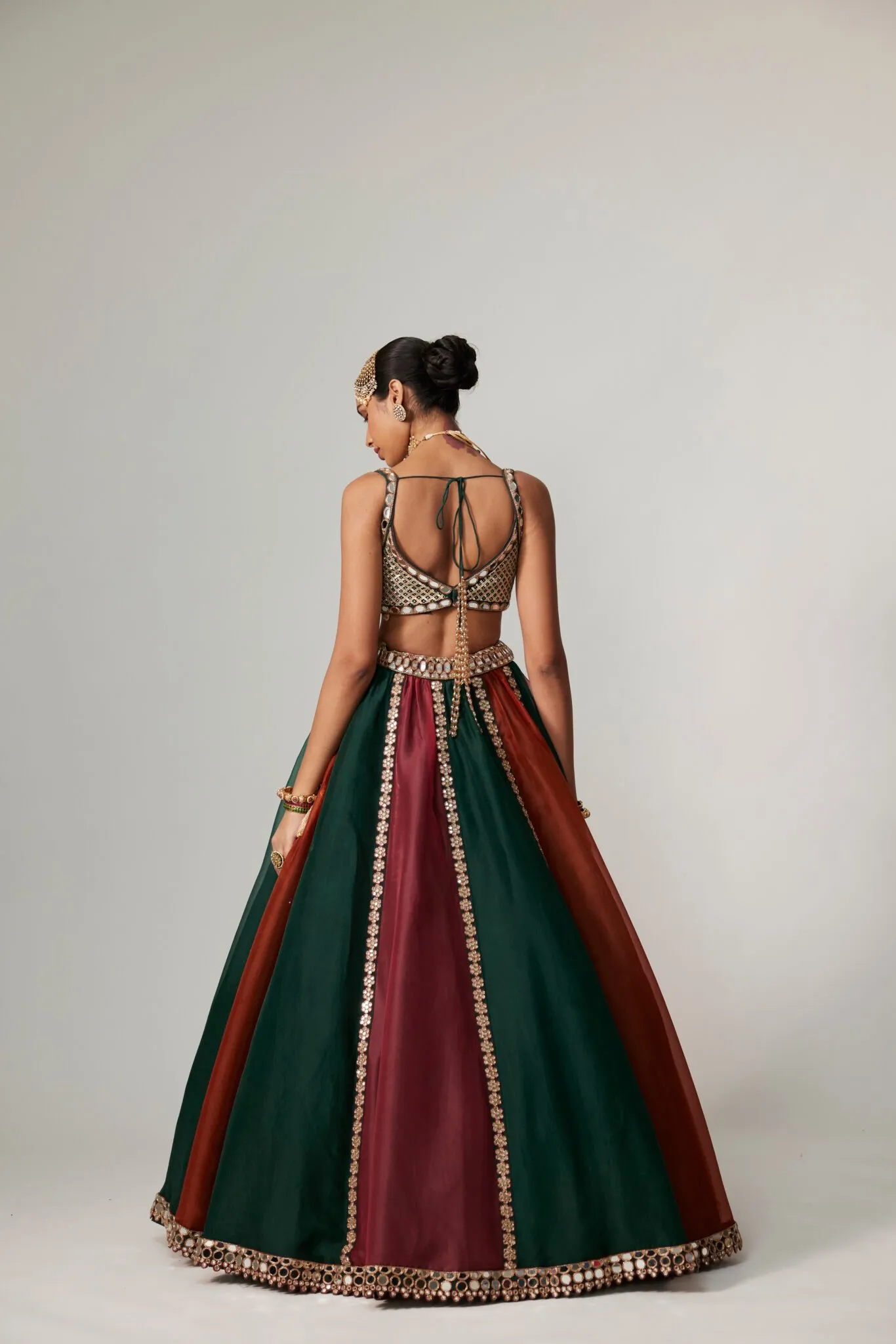 Striped Rust and Emerald Bridal Lehenga with Mirror Work Dupatta