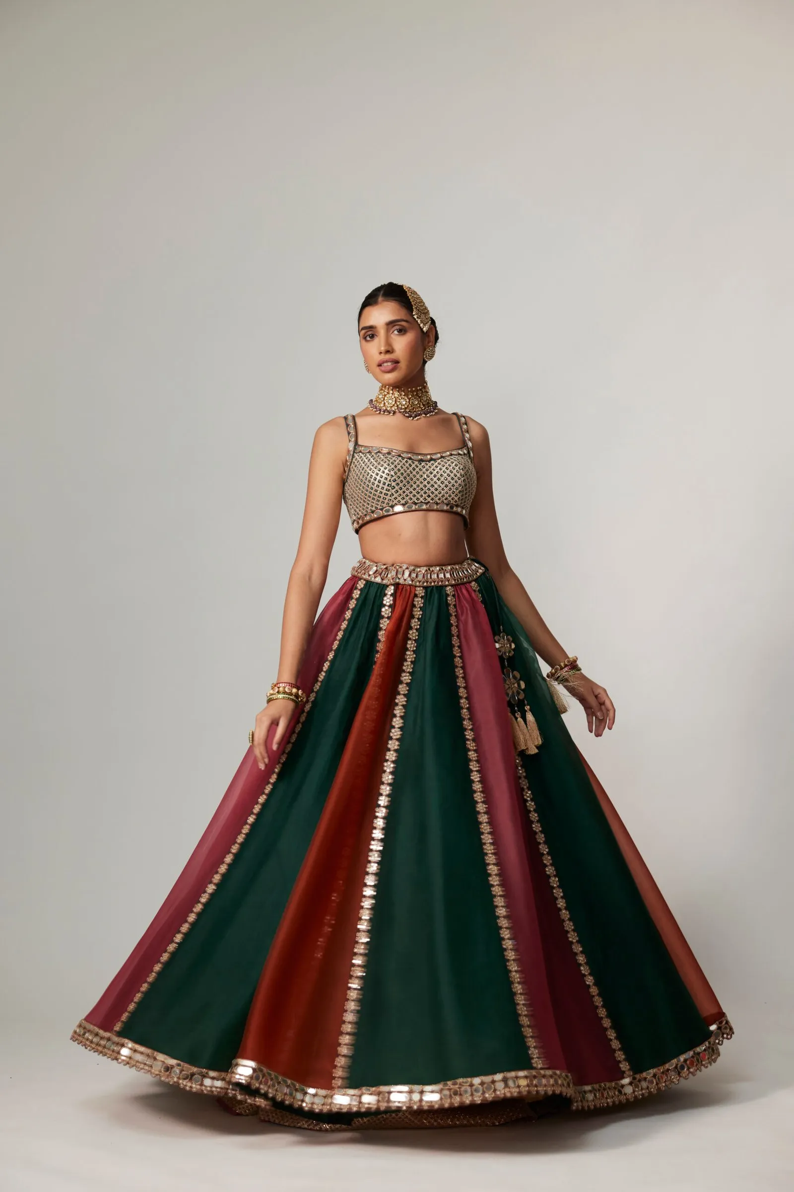 Striped Rust and Emerald Bridal Lehenga with Mirror Work Dupatta