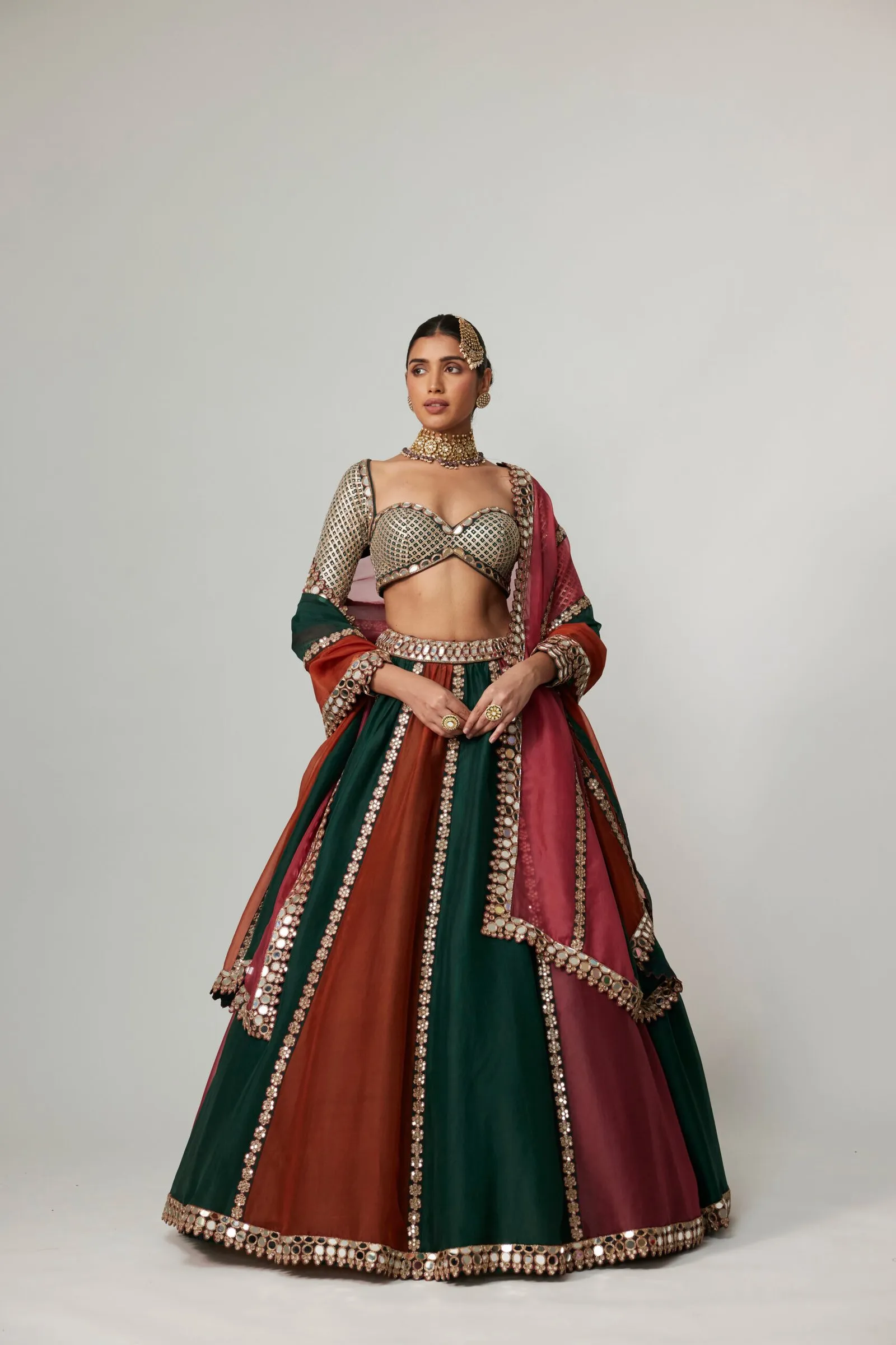 Emerald, Rust & Maroon Bridal Lehenga with Mirror Embellished Blouse