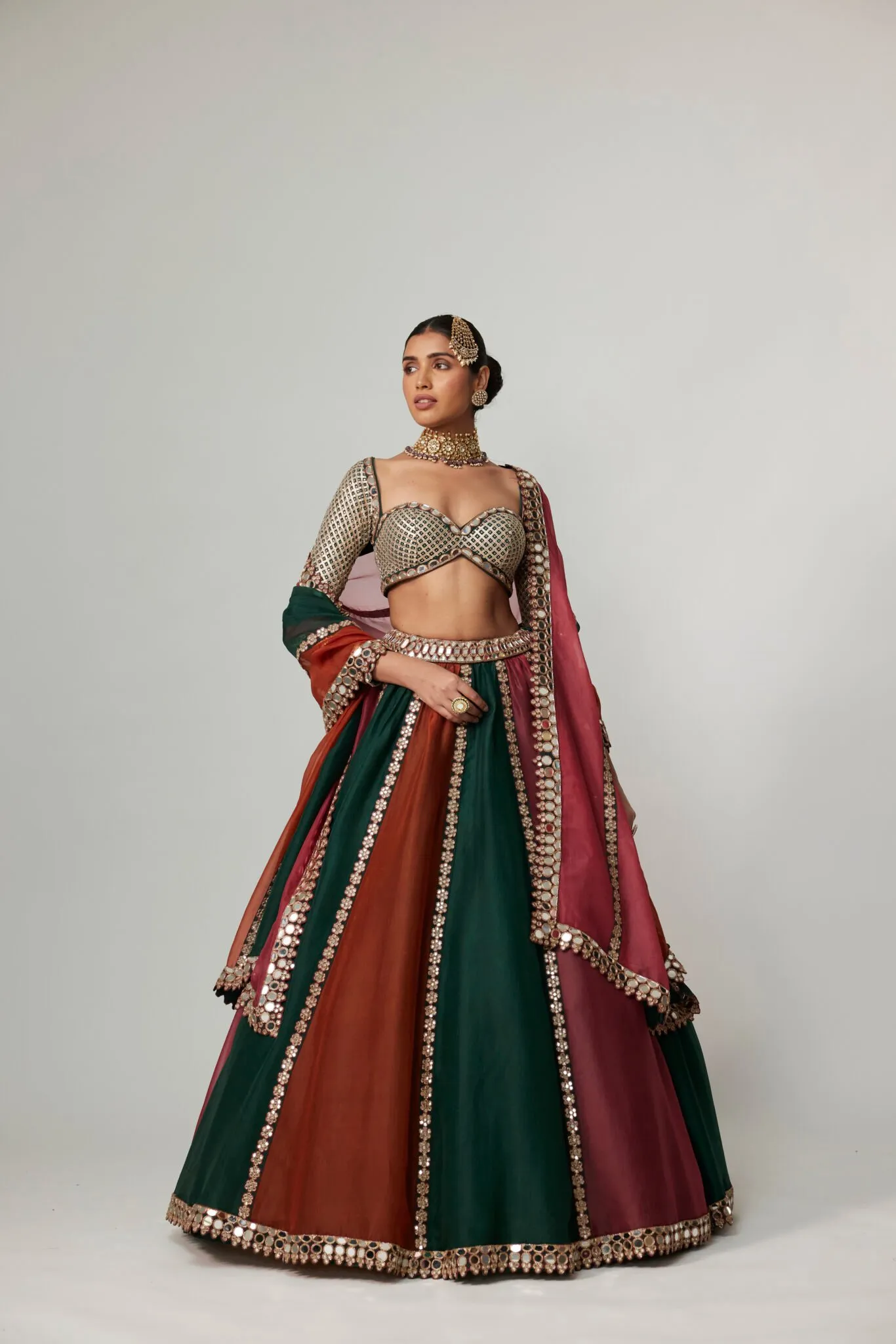 Emerald, Rust & Maroon Bridal Lehenga with Mirror Embellished Blouse