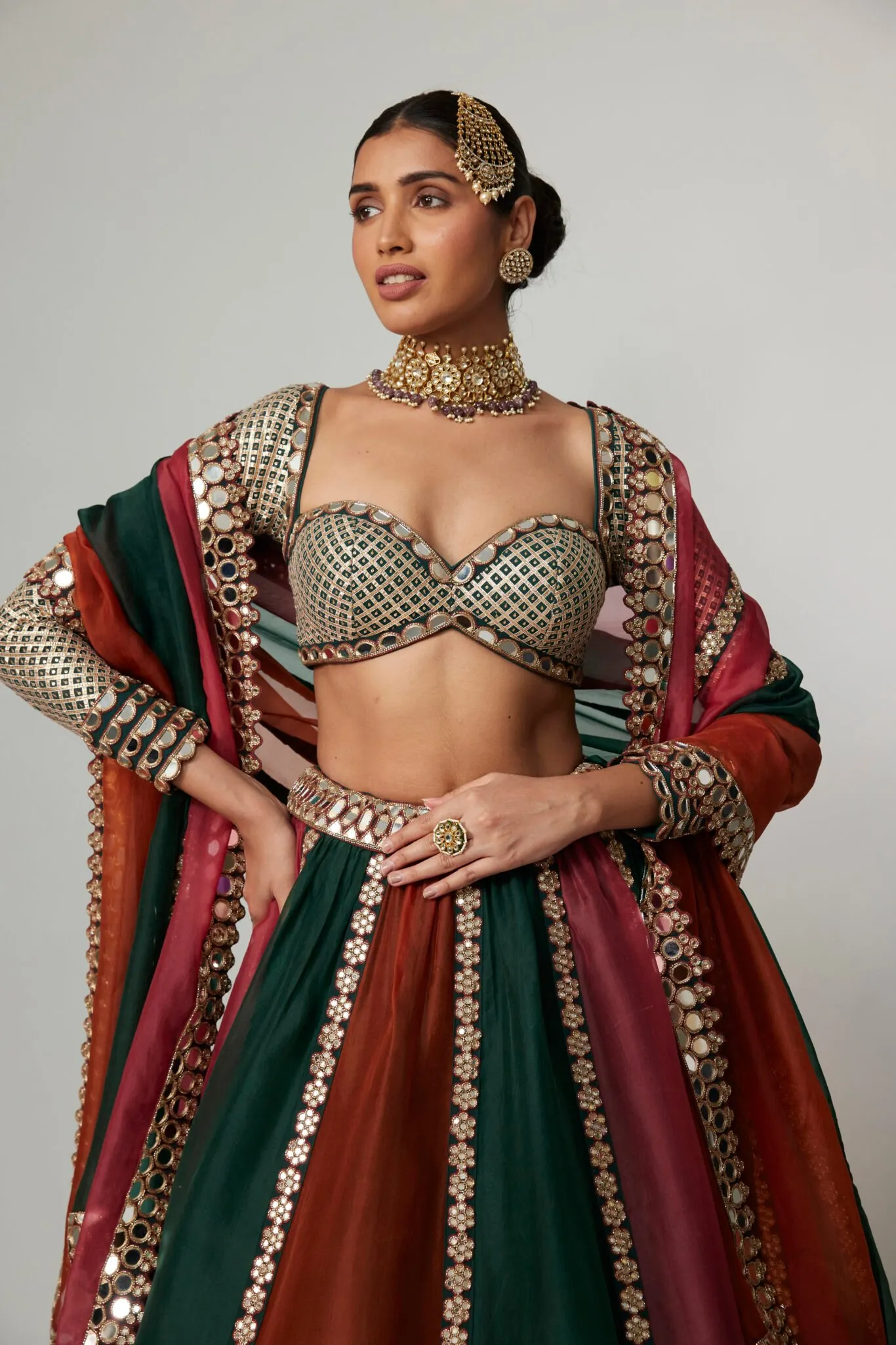Emerald, Rust & Maroon Bridal Lehenga with Mirror Embellished Blouse