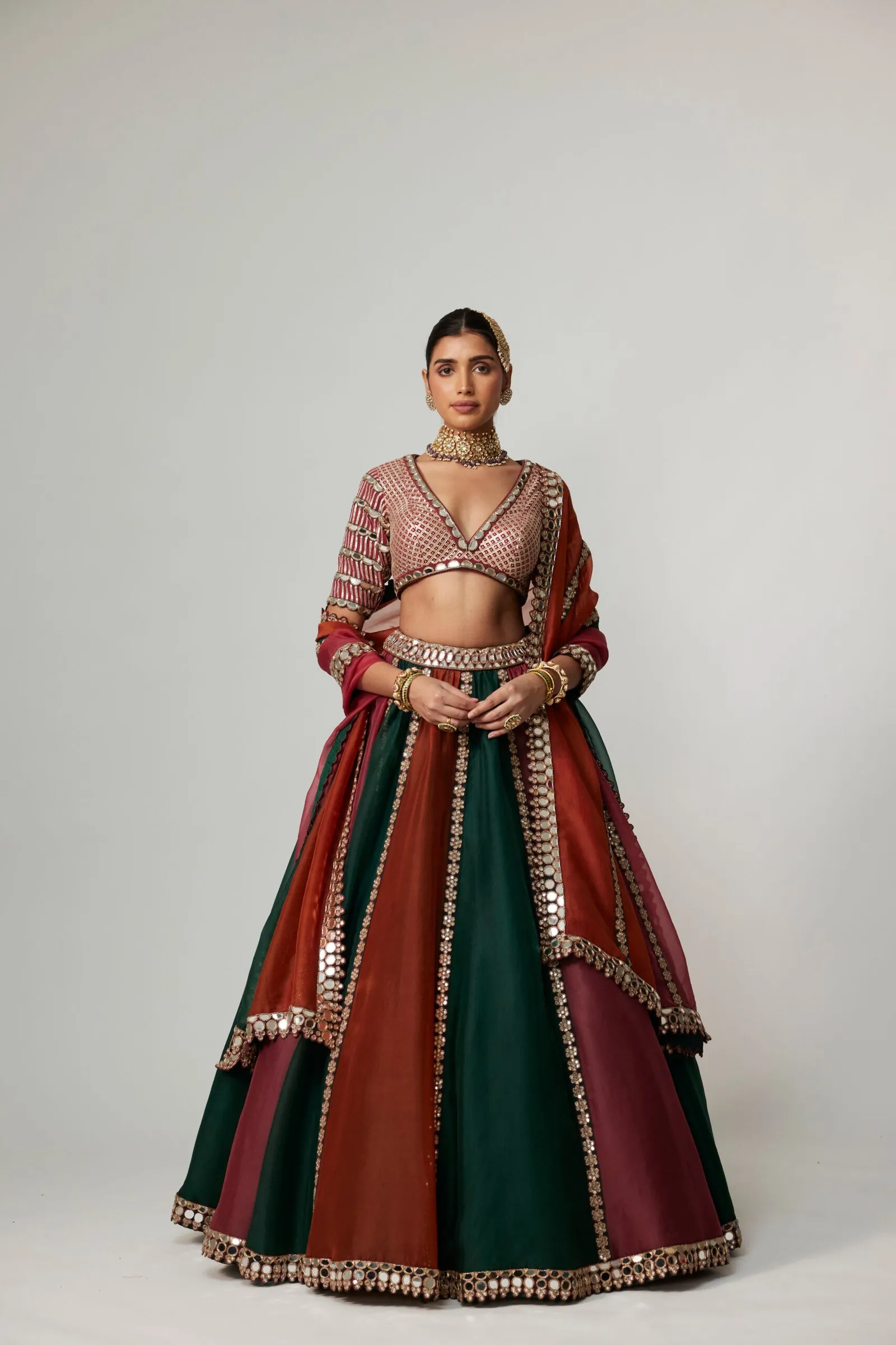 Emerald, Rust & Maroon Bridal Lehenga with Embroidered V-Neck Blouse