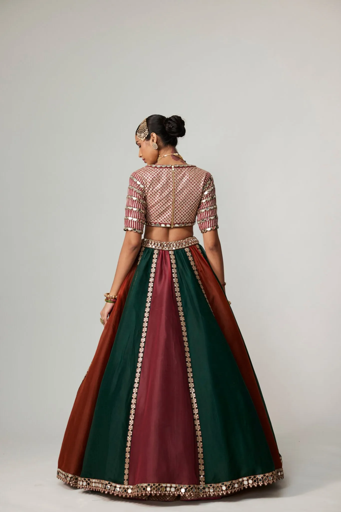 Emerald, Rust & Maroon Bridal Lehenga with Embroidered V-Neck Blouse