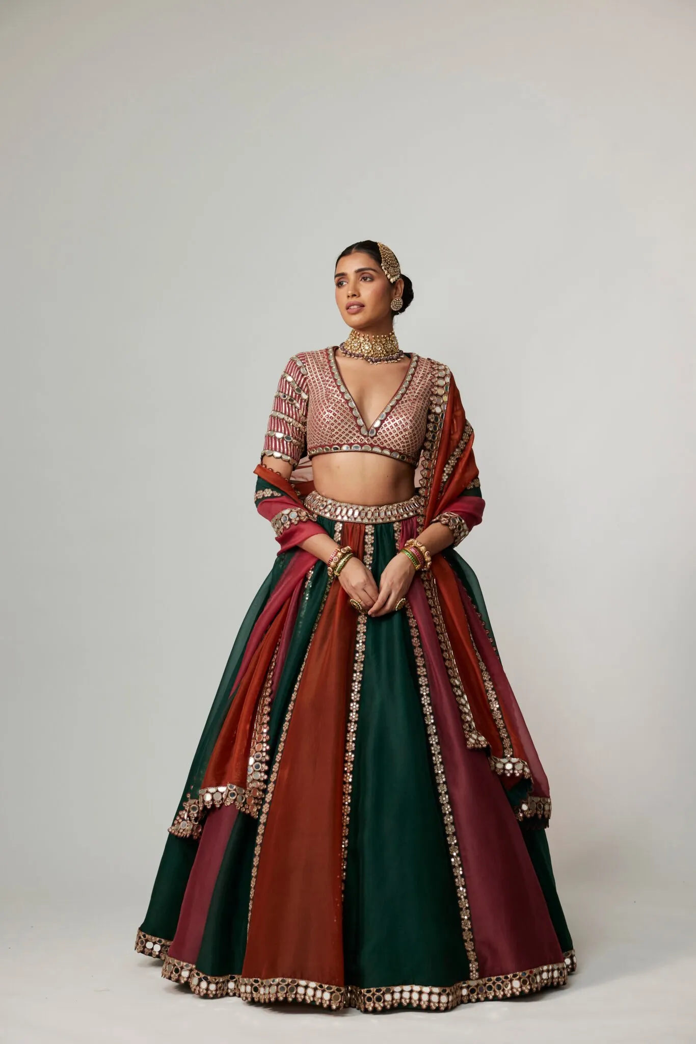 Emerald, Rust & Maroon Bridal Lehenga with Embroidered V-Neck Blouse