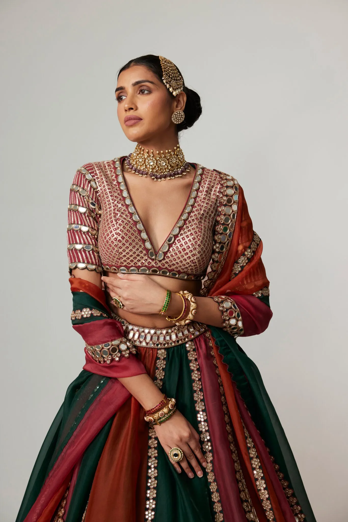 Emerald, Rust & Maroon Bridal Lehenga with Embroidered V-Neck Blouse