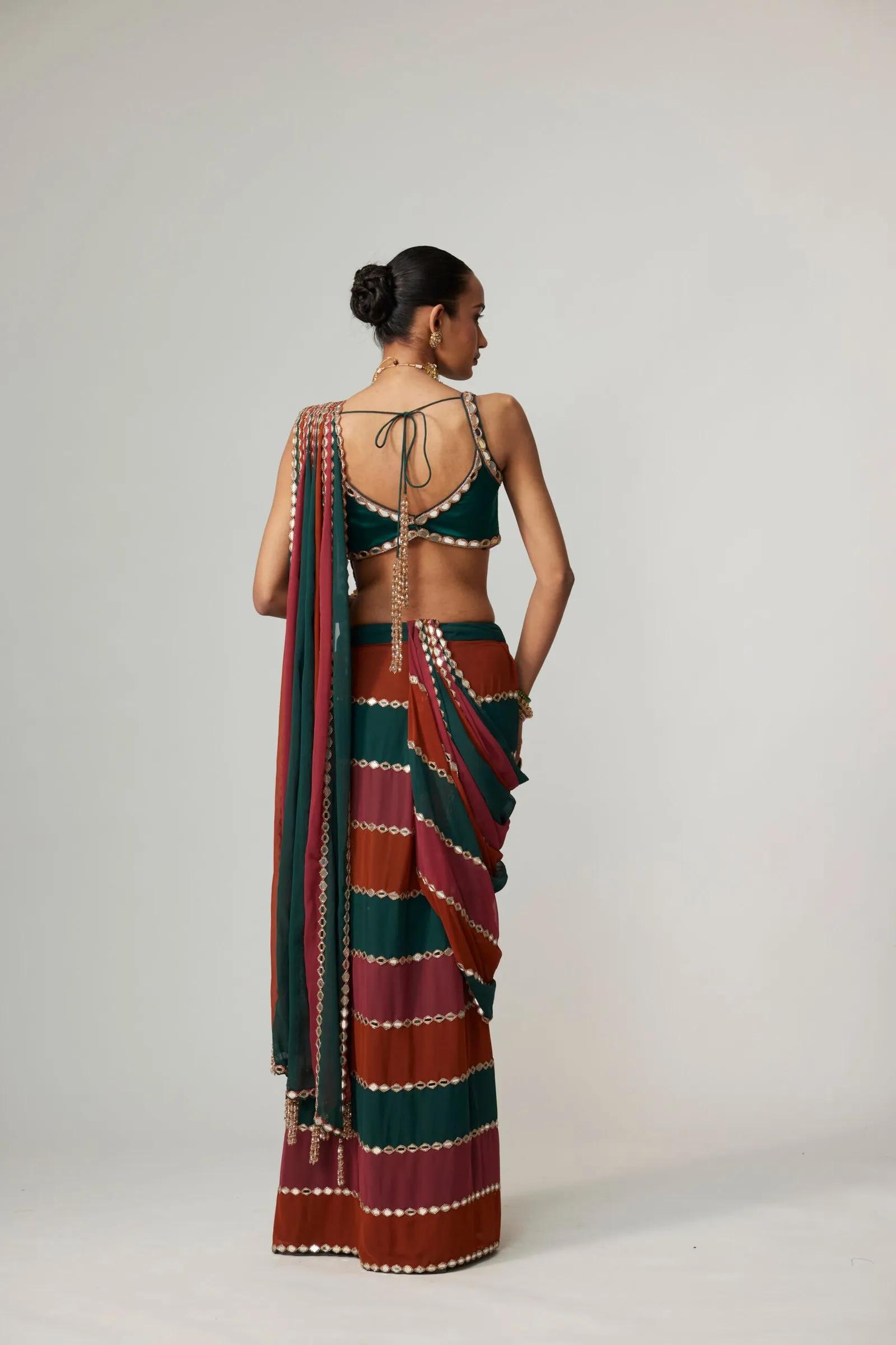 Emerald, Rust & Maroon Striped Sari with Mirror Embellished Borders