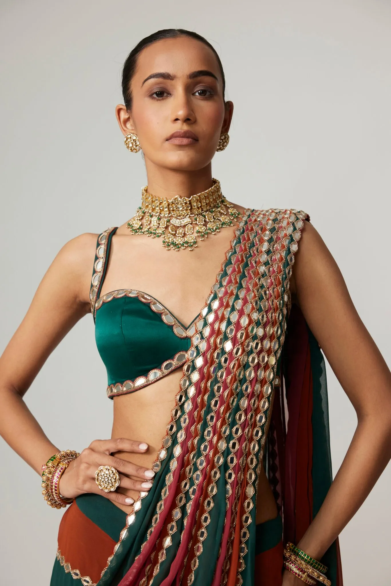 Emerald, Rust & Maroon Striped Sari with Mirror Embellished Borders
