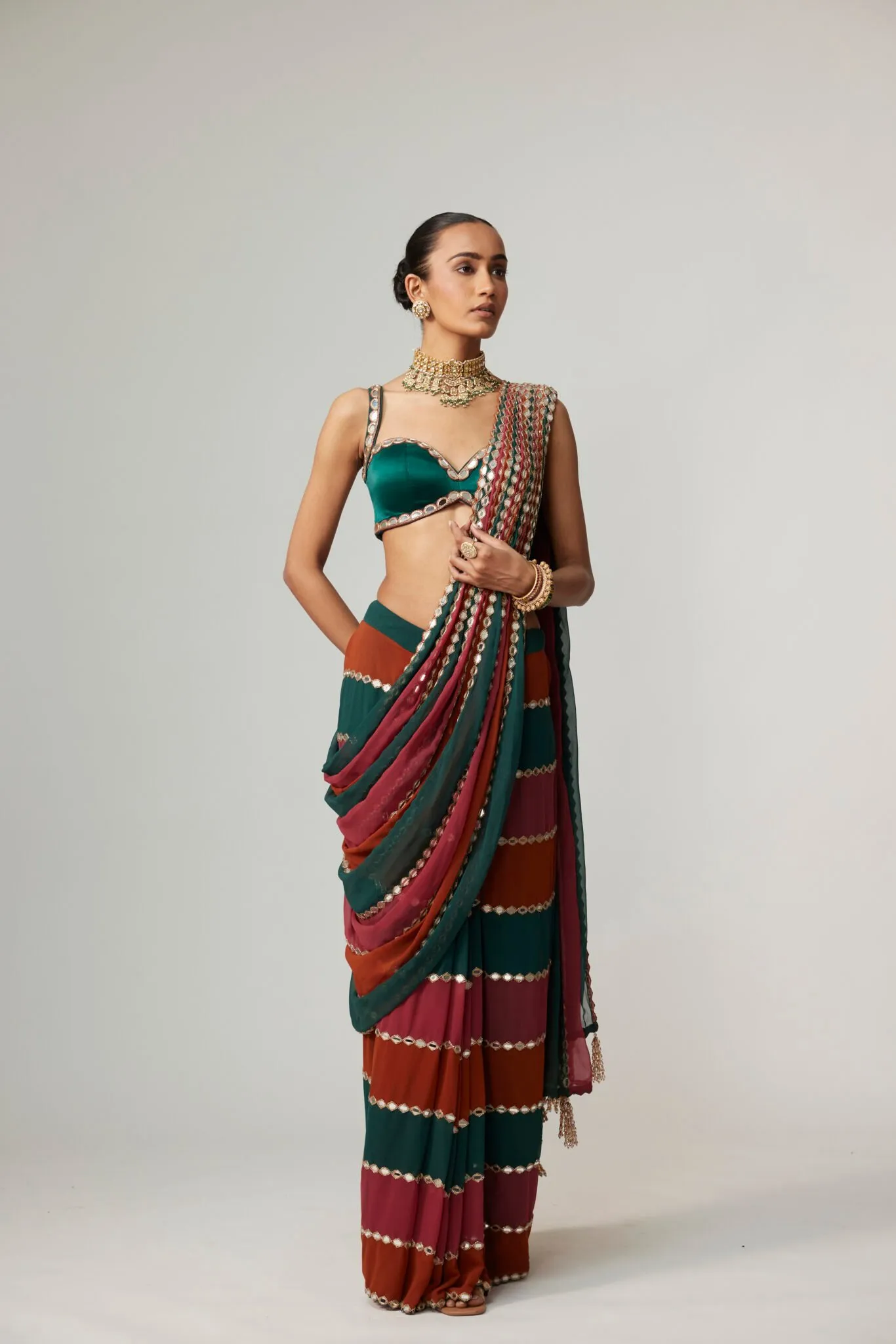 Emerald, Rust & Maroon Striped Sari with Mirror Embellished Borders