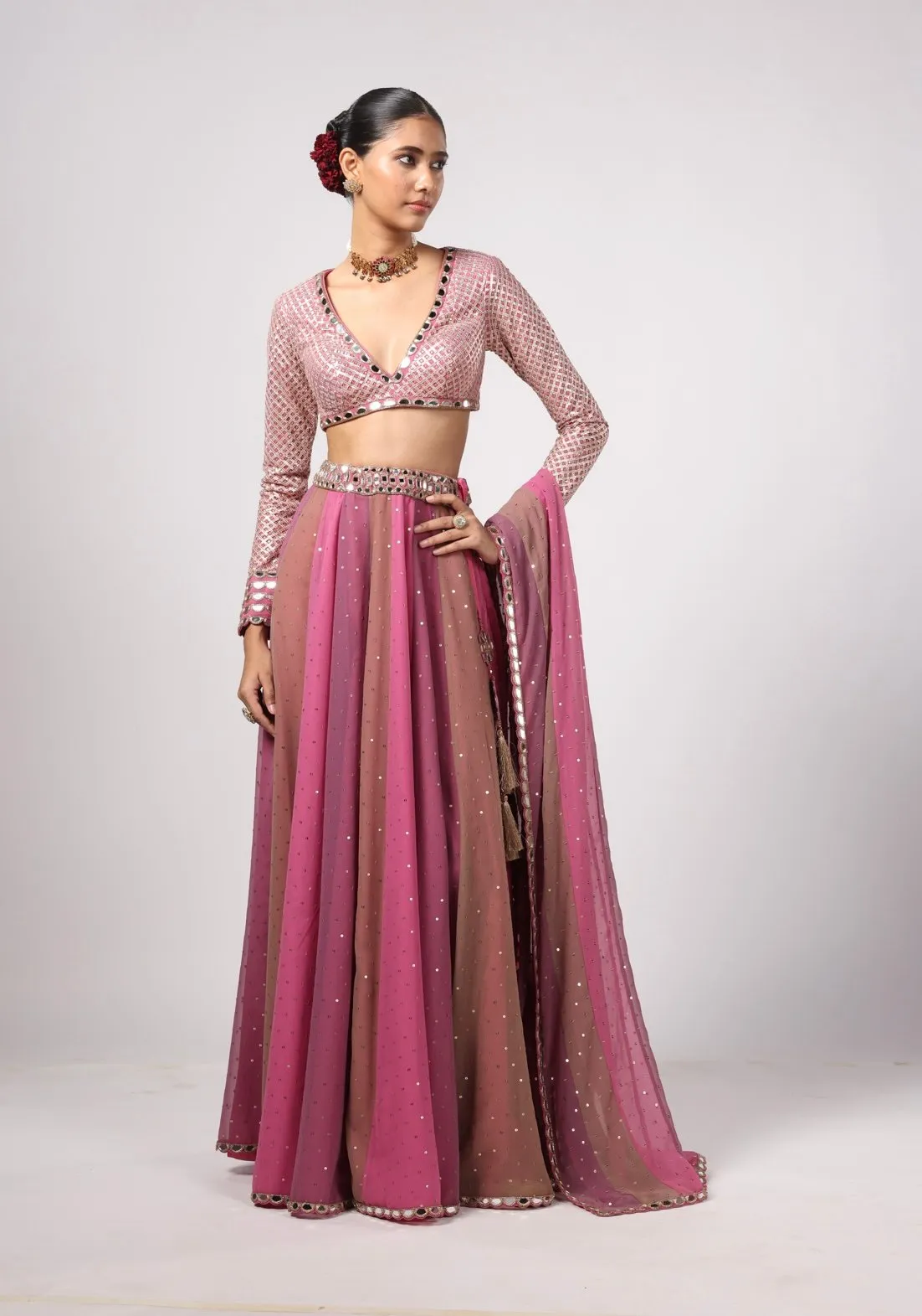 Rose Pink & Mauve Lehenga with Mirror Embroidered Blouse