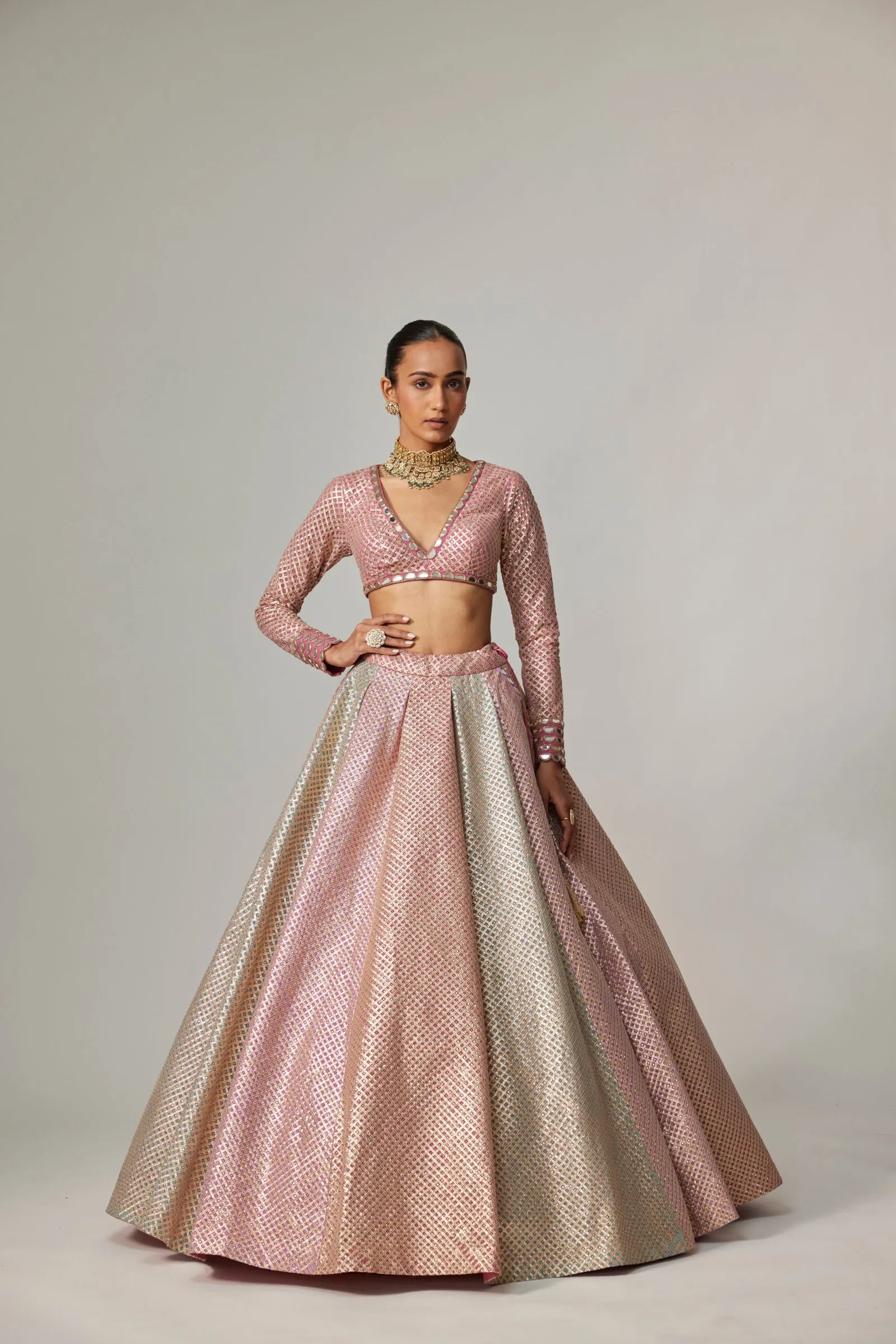 Rose Gold Metallic Brocade Lehenga with Long Sleeve Blouse