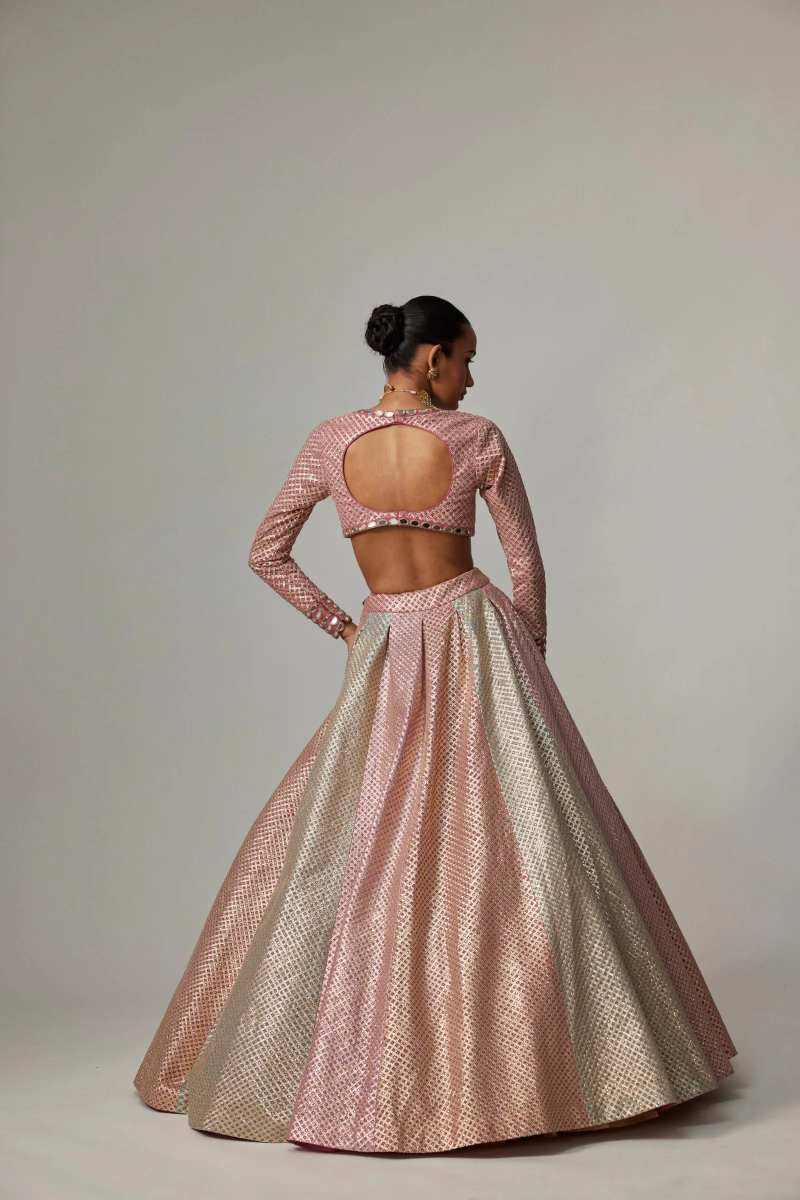 Rose Gold Metallic Brocade Lehenga with Long Sleeve Blouse