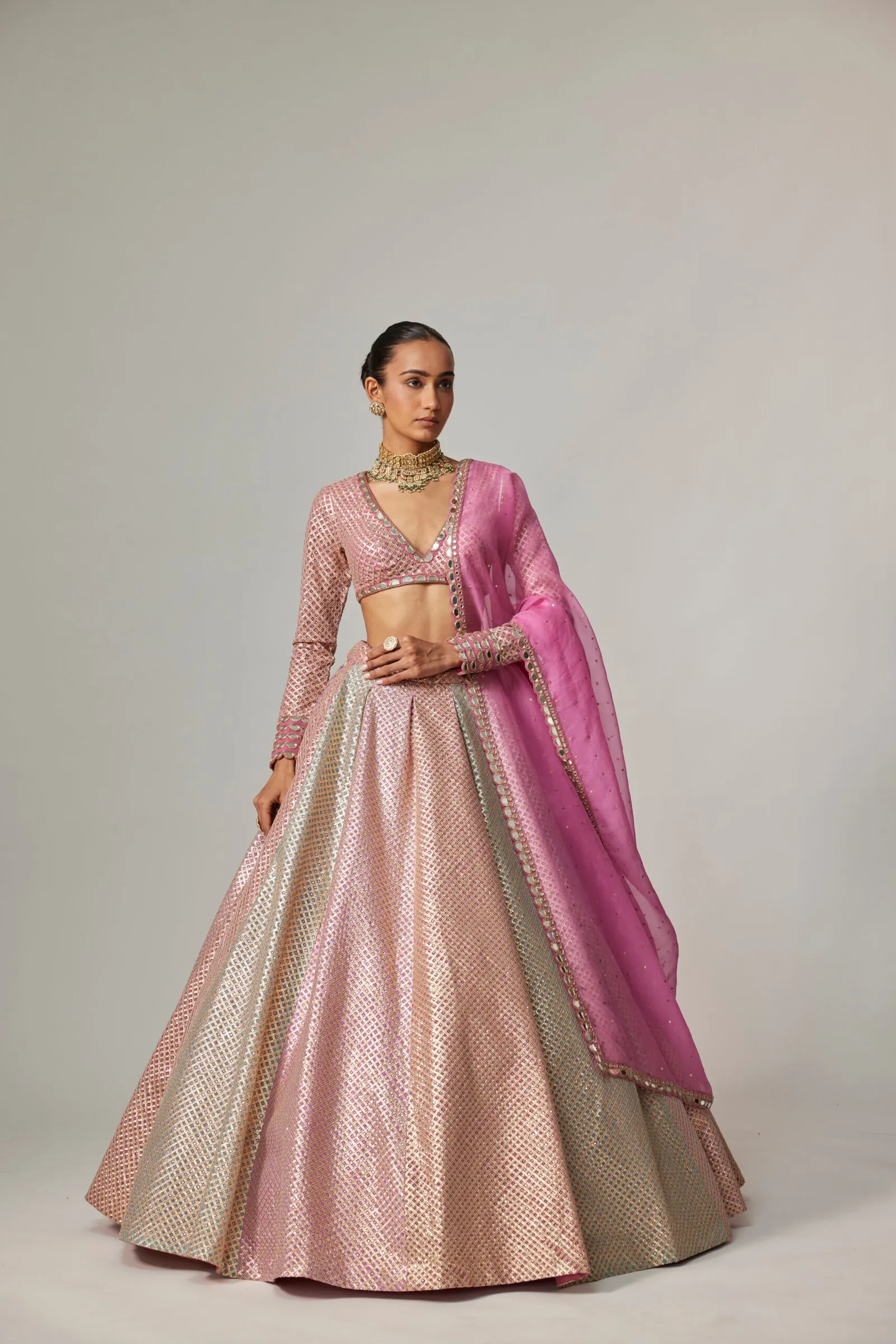 Rose Gold Brocade Lehenga with Mirror Work Blouse & Pink Dupatta