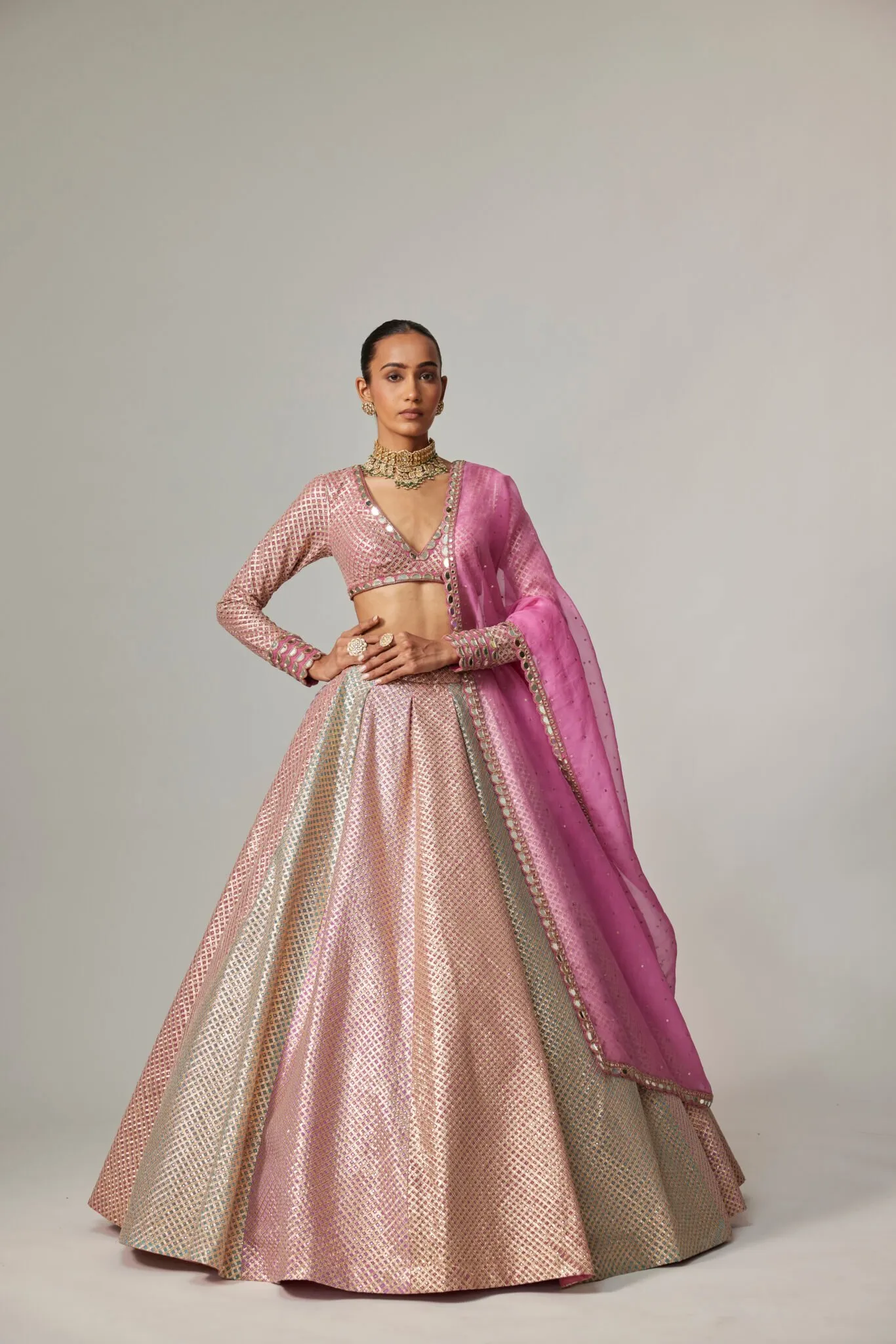 Rose Gold Brocade Lehenga with Mirror Work Blouse & Pink Dupatta