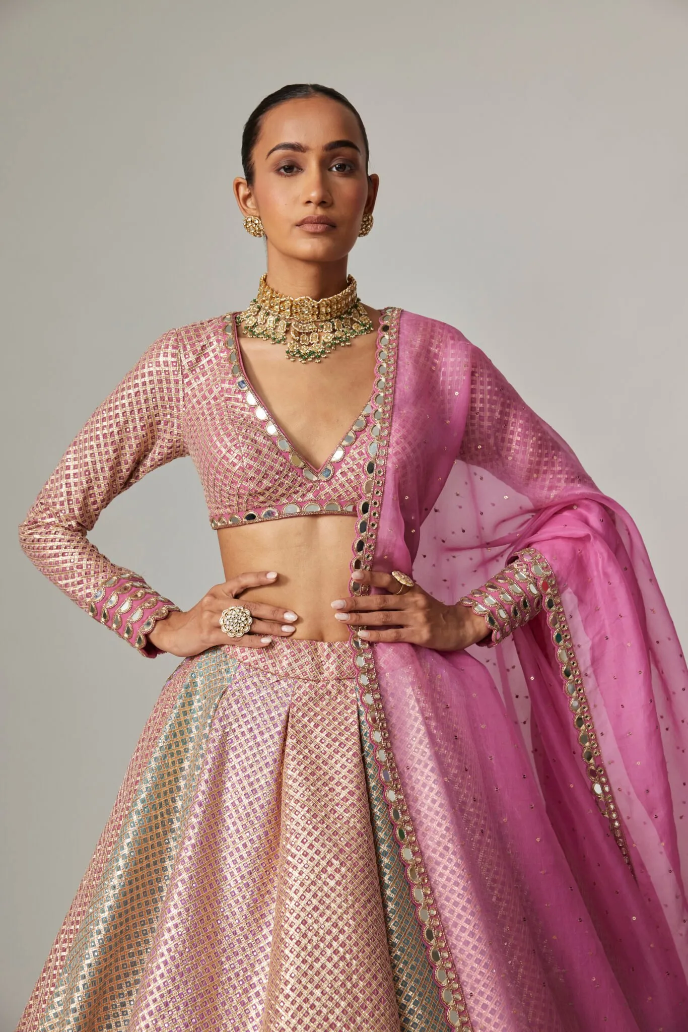 Rose Gold Brocade Lehenga with Mirror Work Blouse & Pink Dupatta