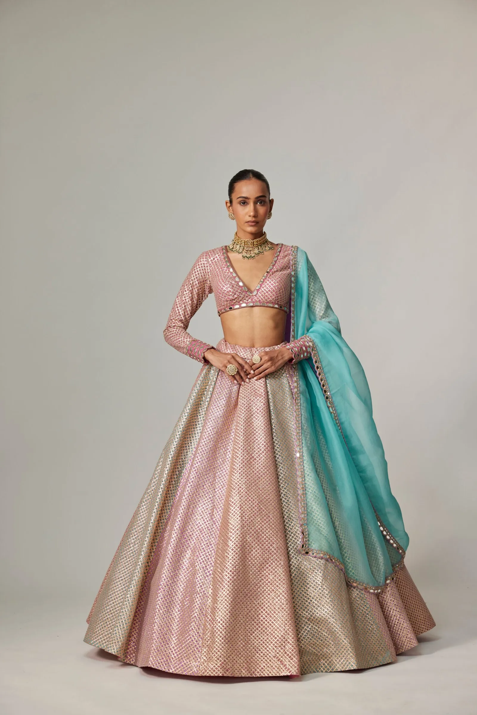 Rose Gold Metallic Lehenga with Long Sleeve Blouse & Aqua Dupatta