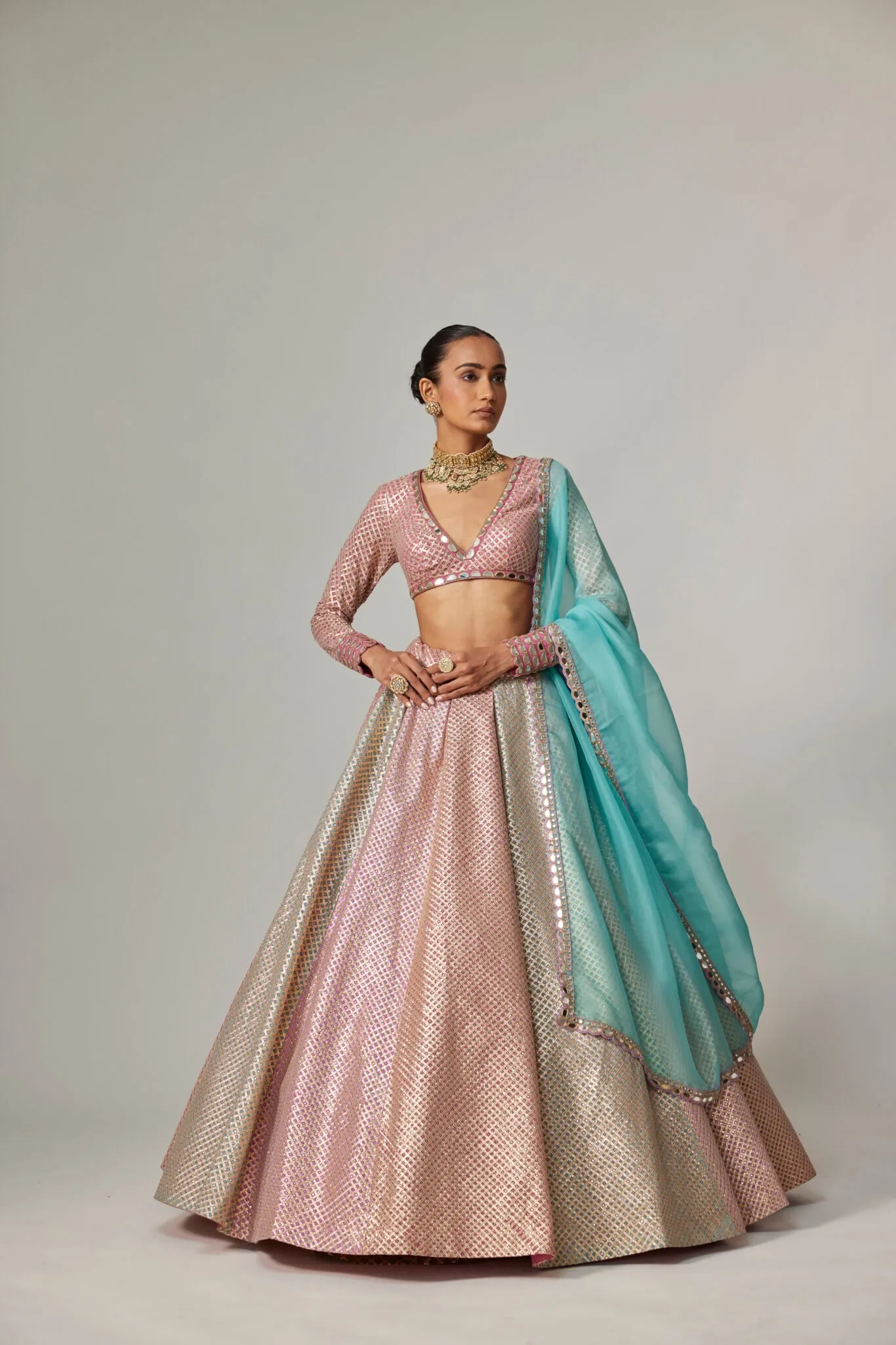 Rose Gold Metallic Lehenga with Long Sleeve Blouse & Aqua Dupatta