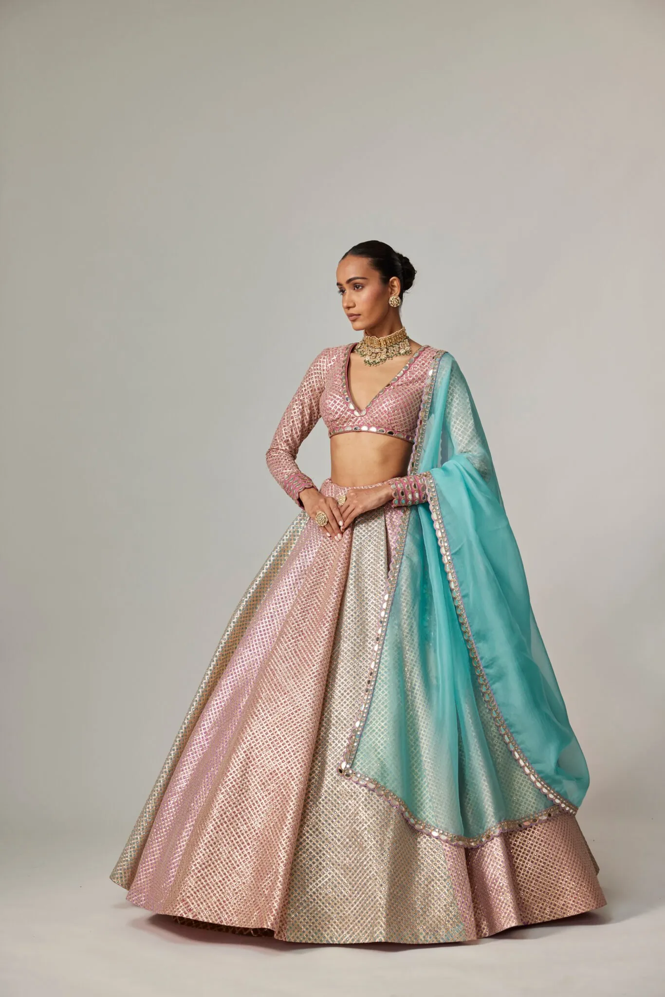 Rose Gold Metallic Lehenga with Long Sleeve Blouse & Aqua Dupatta