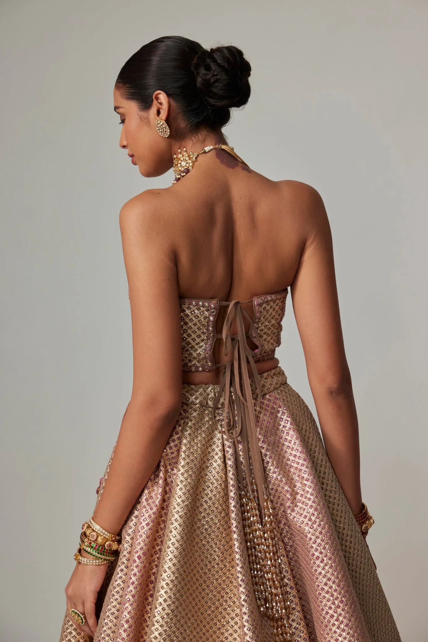 Rose Gold Metallic Strapless Bustier Lehenga