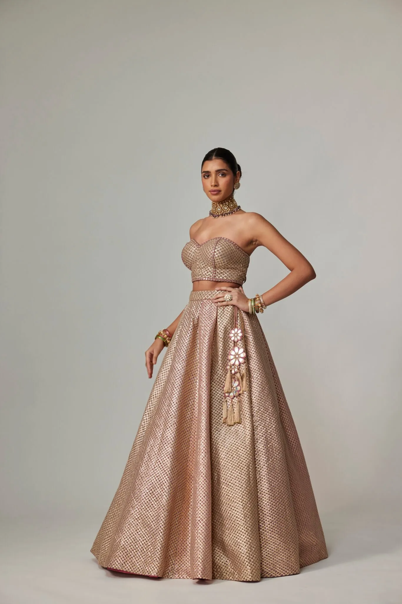 Rose Gold Metallic Strapless Bustier Lehenga