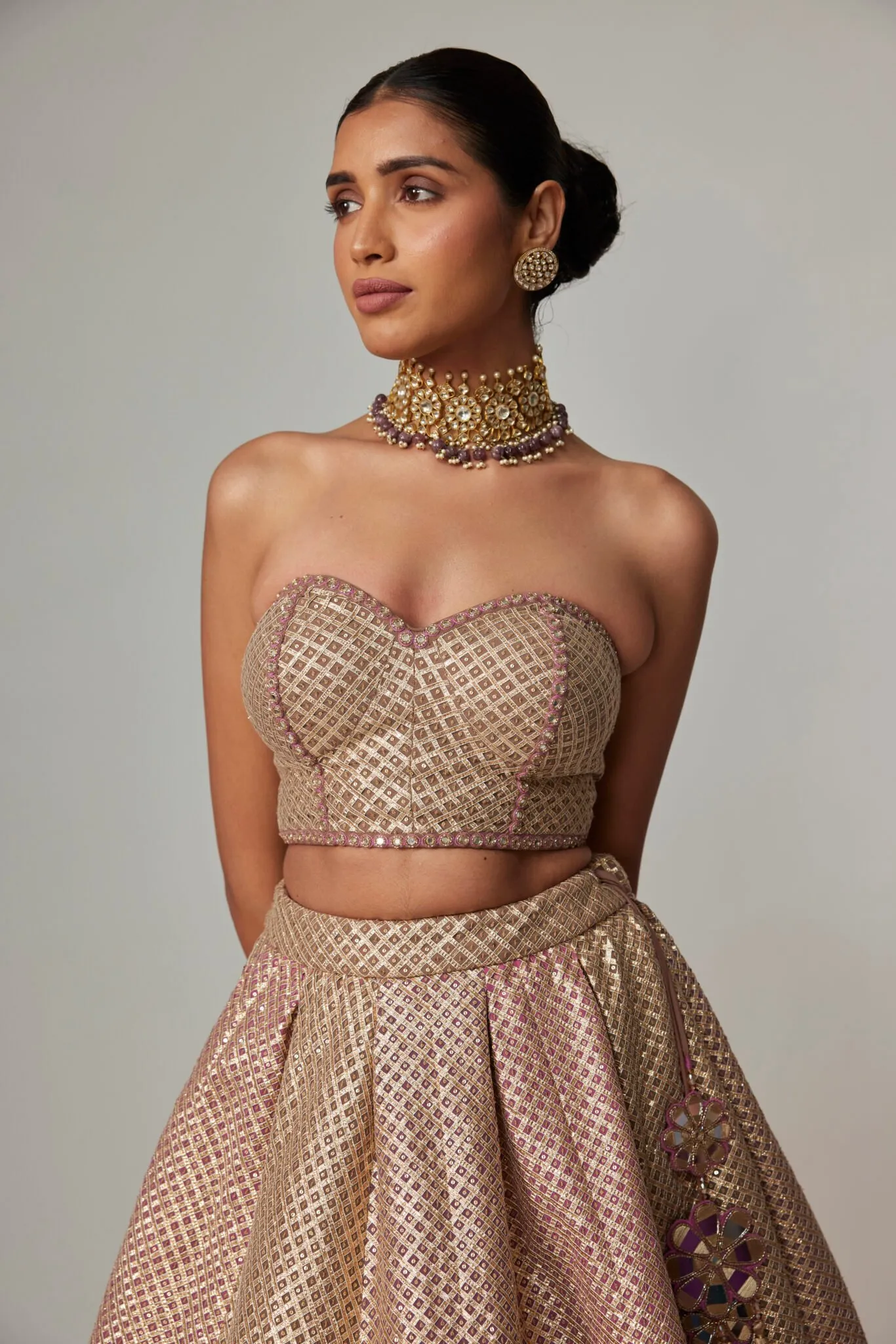 Rose Gold Metallic Strapless Bustier Lehenga
