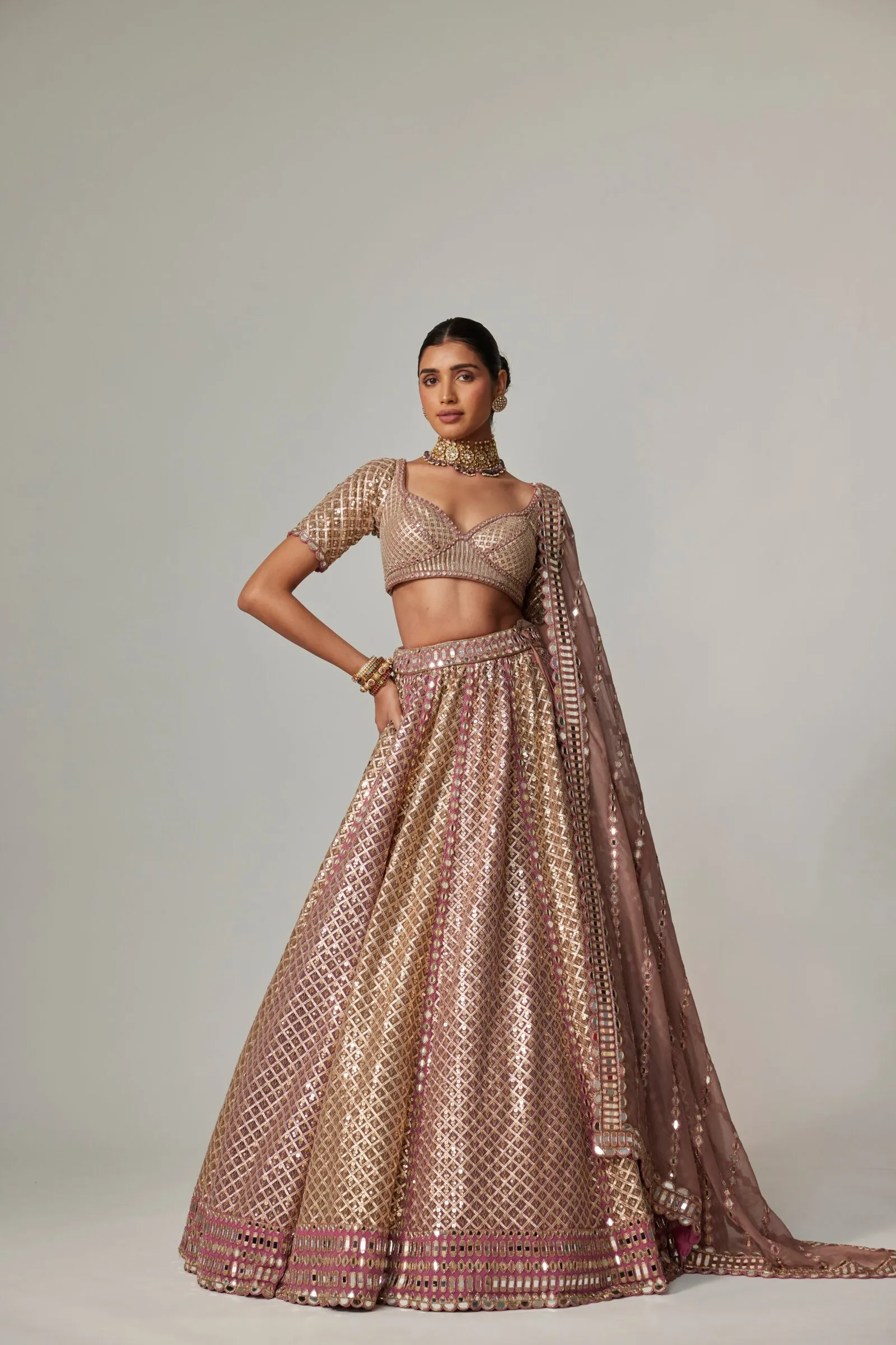 Rose Gold Brocade Lehenga with Structured Blouse & Dupatta