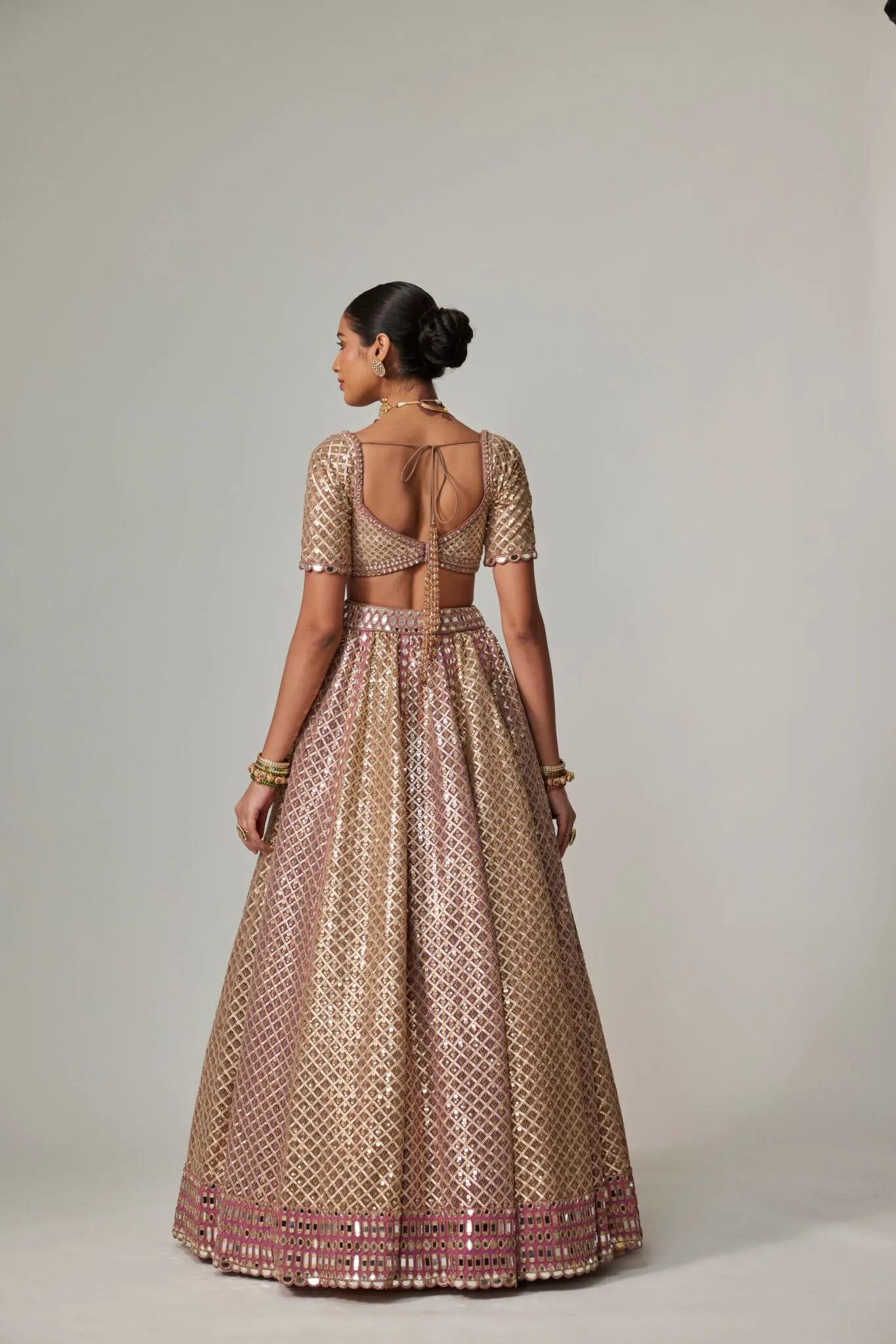 Rose Gold Brocade Lehenga with Structured Blouse & Dupatta