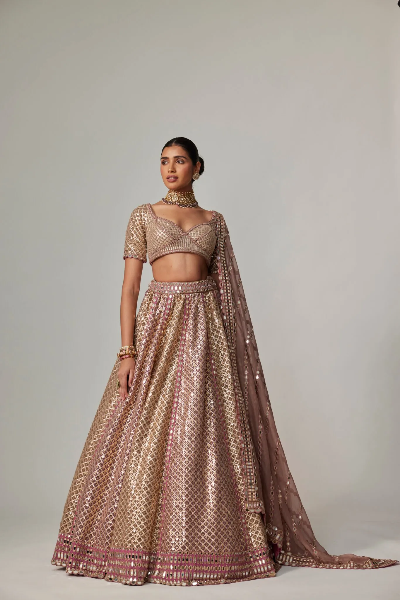 Rose Gold Brocade Lehenga with Structured Blouse & Dupatta