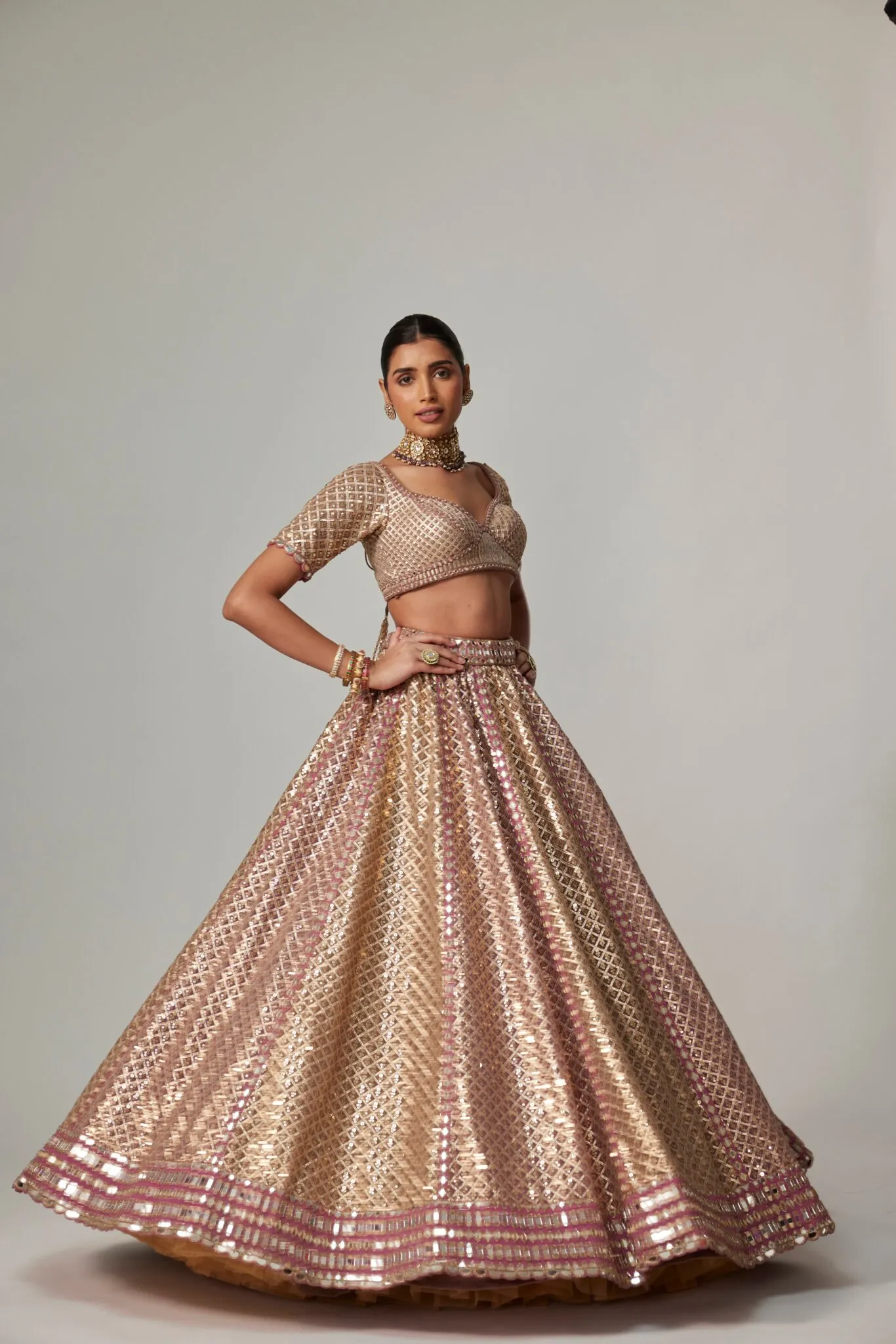 Rose Gold Brocade Lehenga with Structured Blouse & Dupatta