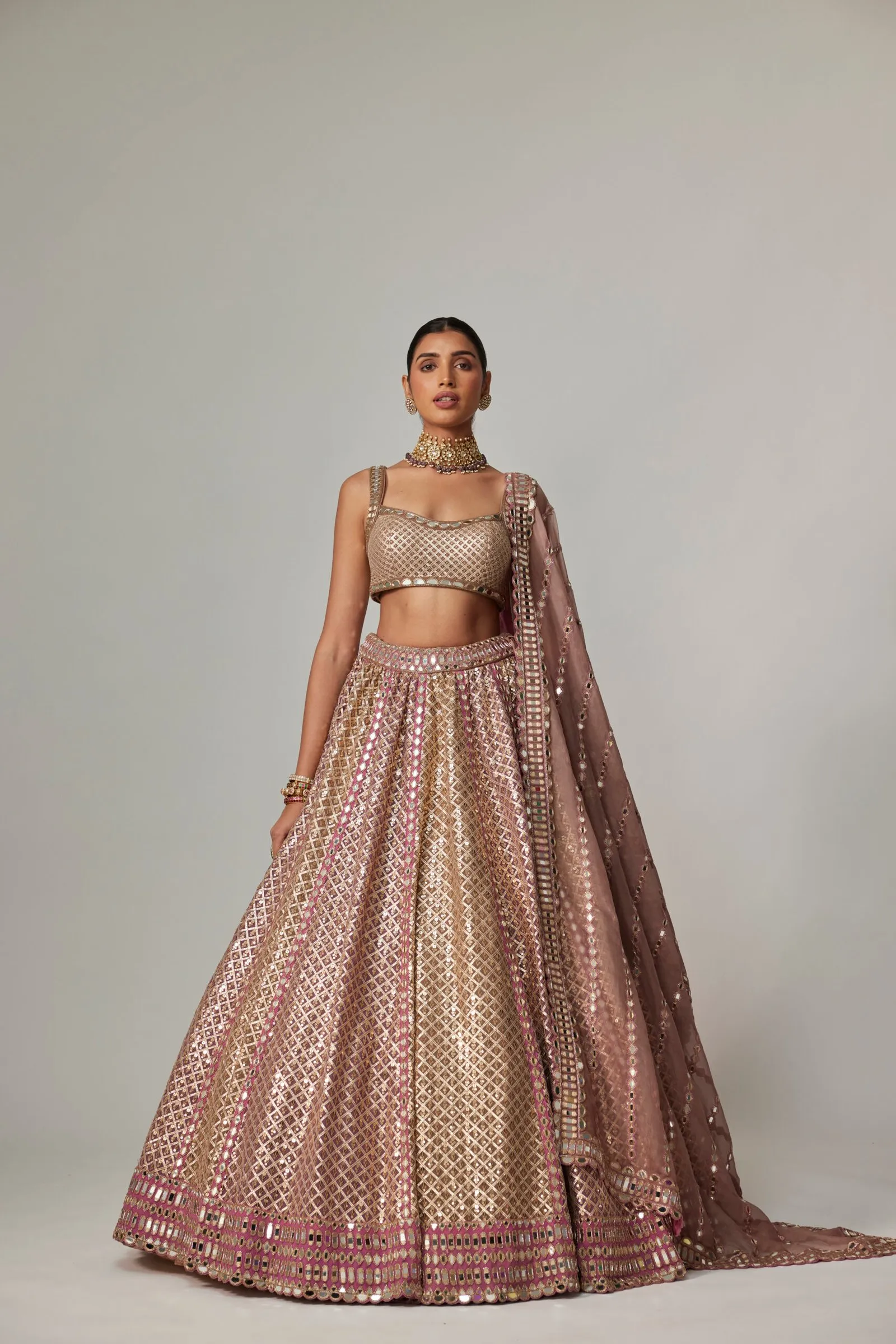 Champagne Gold Brocade Lehenga with Mirror Work & Dupatta