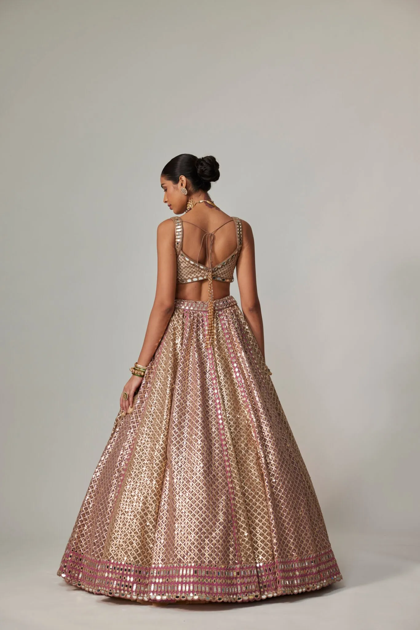 Champagne Gold Brocade Lehenga with Mirror Work & Dupatta