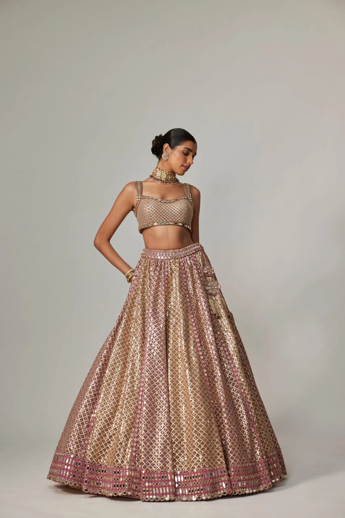 Champagne Gold Brocade Lehenga with Mirror Work & Dupatta