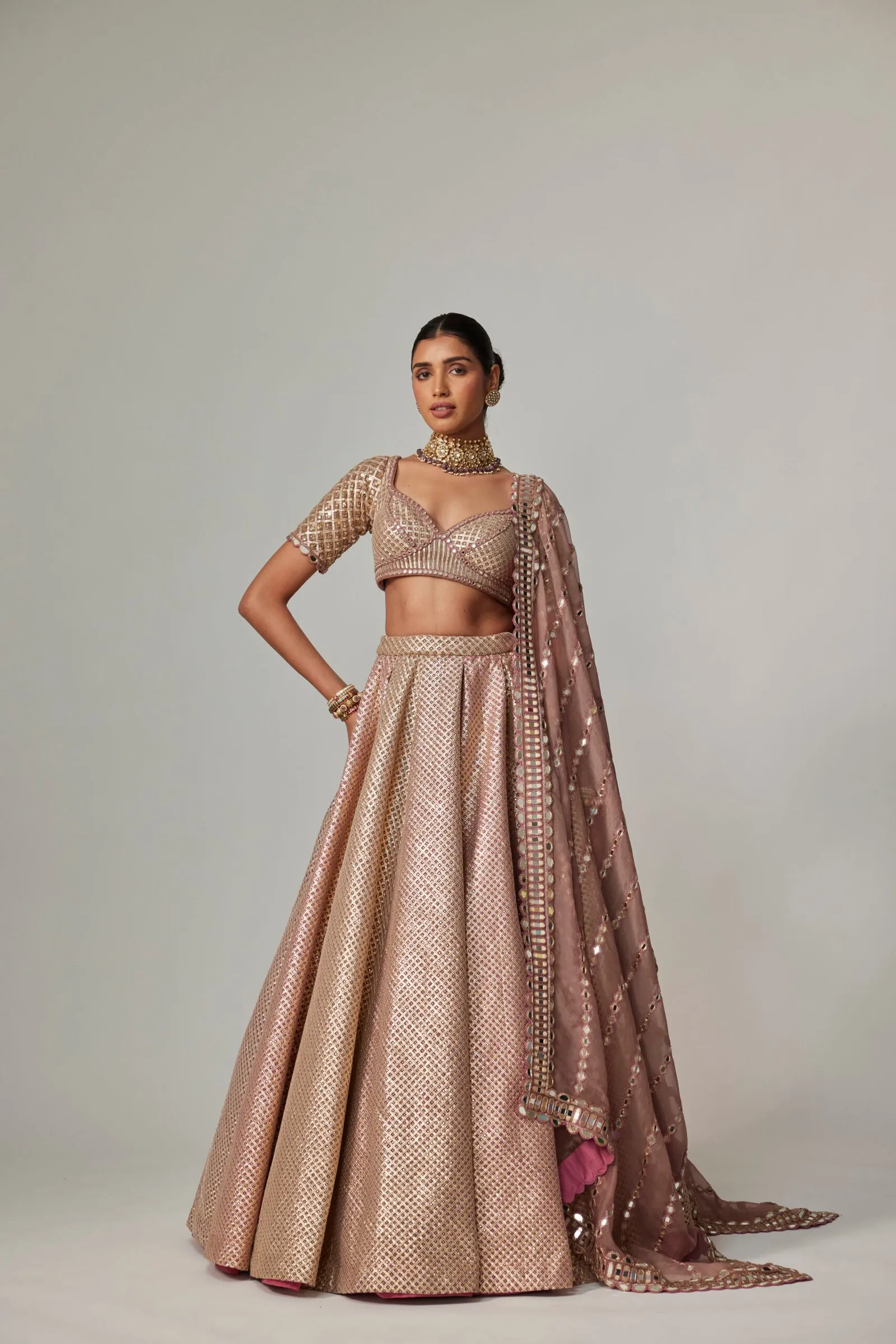 Rose Gold Brocade Lehenga with Embellished Blouse & Dupatta