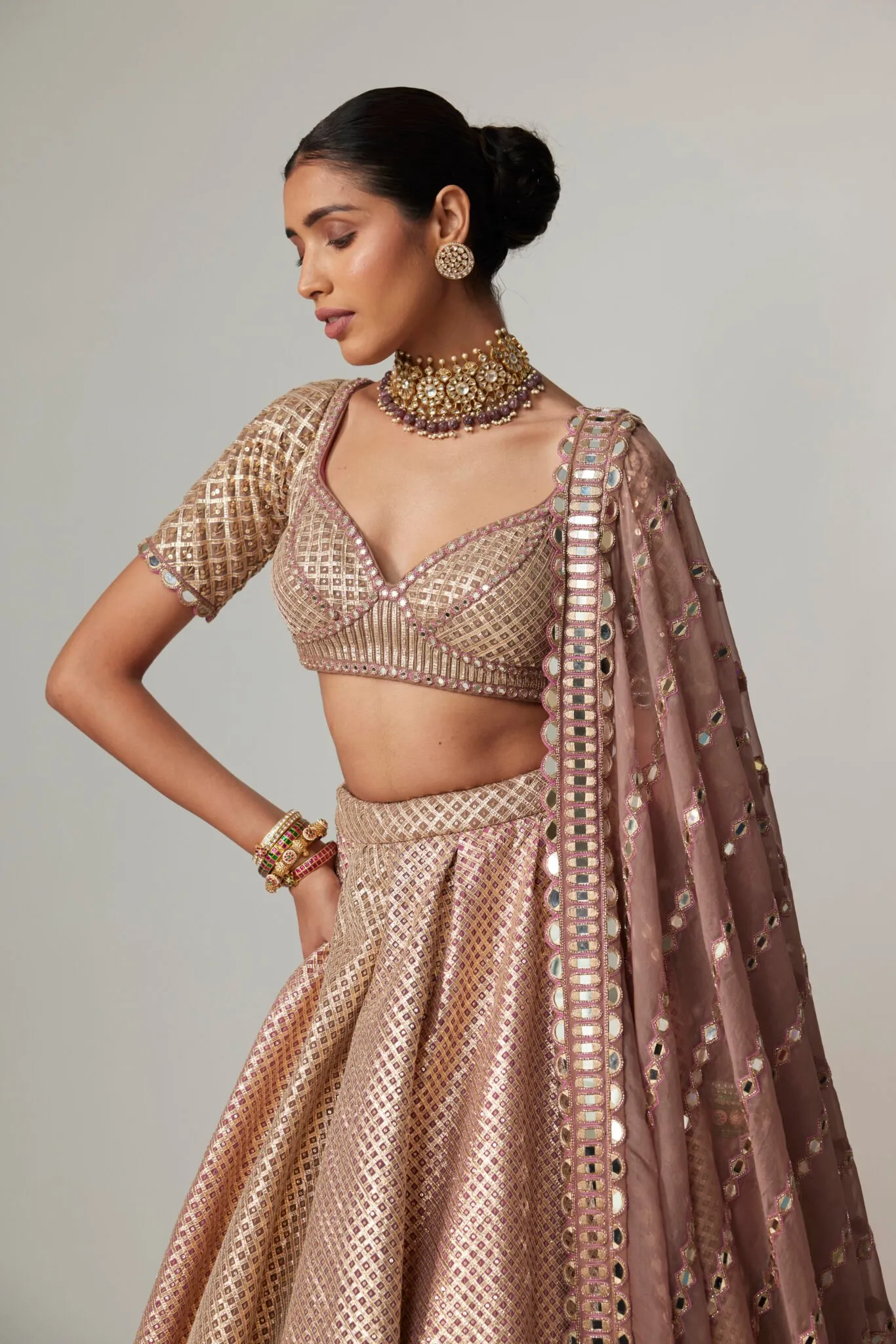 Rose Gold Brocade Lehenga with Embellished Blouse & Dupatta