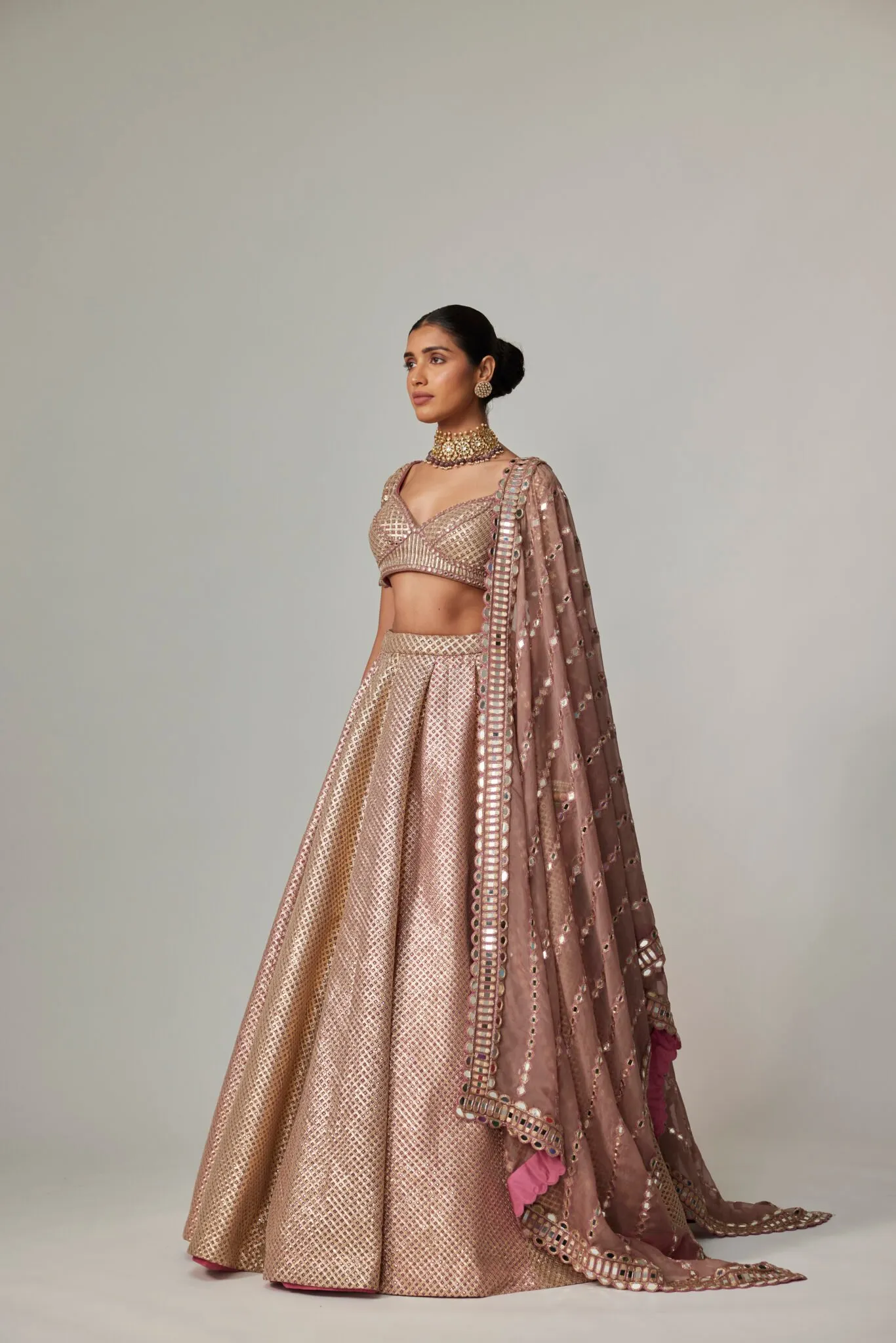Rose Gold Brocade Lehenga with Embellished Blouse & Dupatta