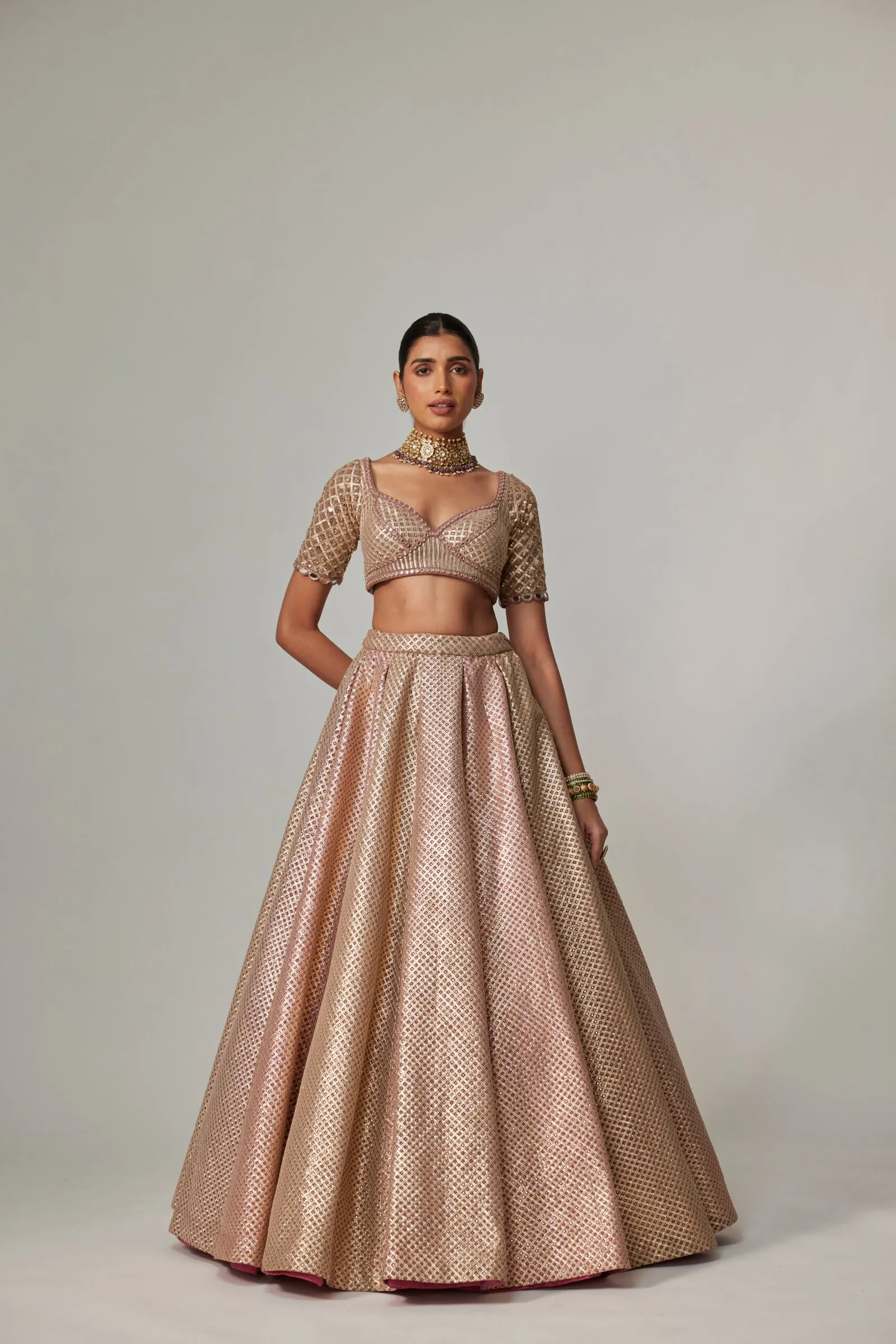 Rose Gold Brocade Lehenga with Embellished Blouse & Dupatta