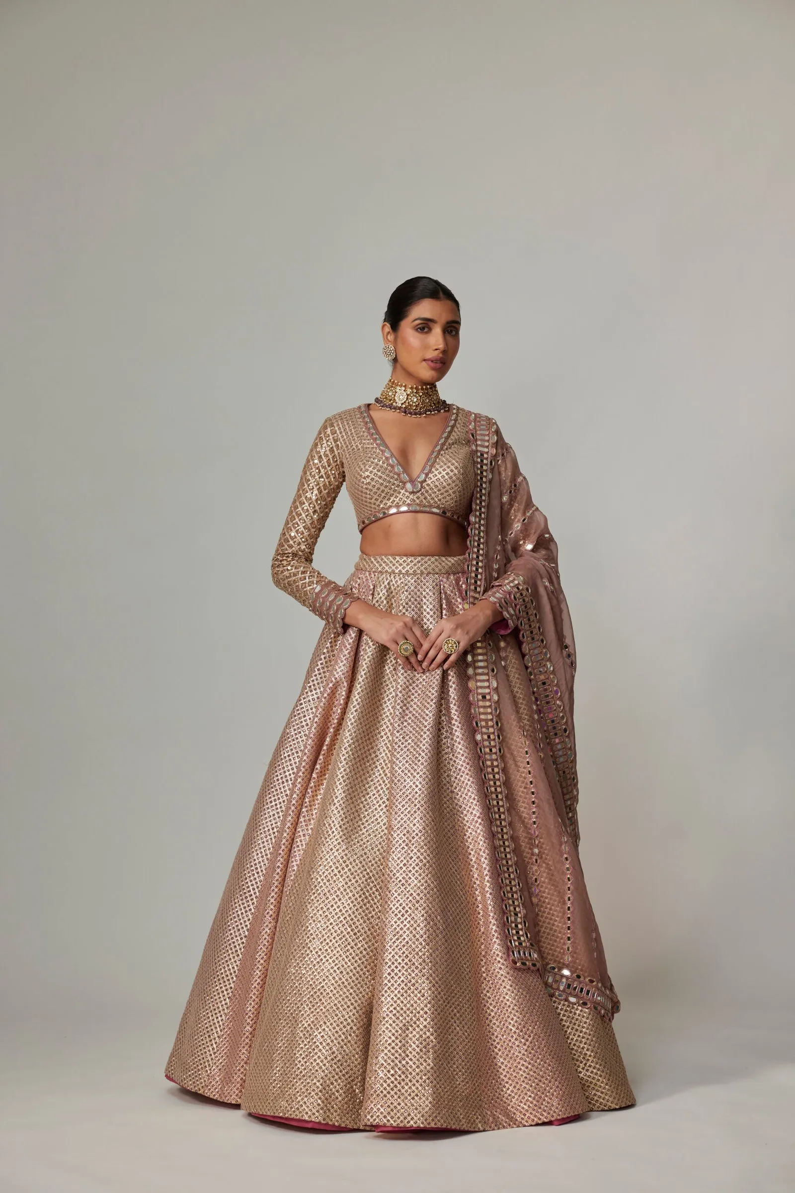 Metallic Rose Gold Lehenga with Long-Sleeved Blouse & Mirror Work Dupatta