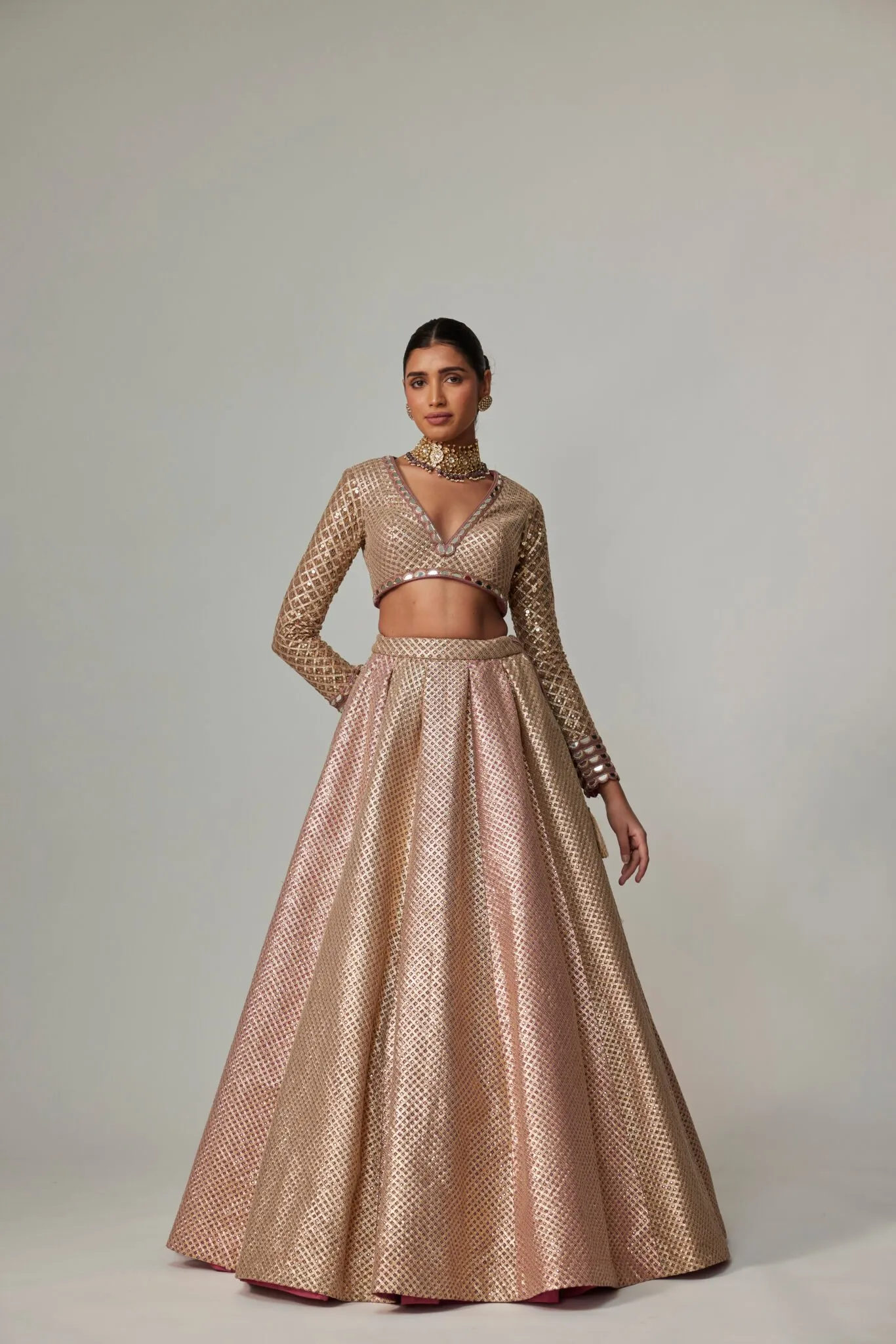 Metallic Rose Gold Lehenga with Long-Sleeved Blouse & Mirror Work Dupatta