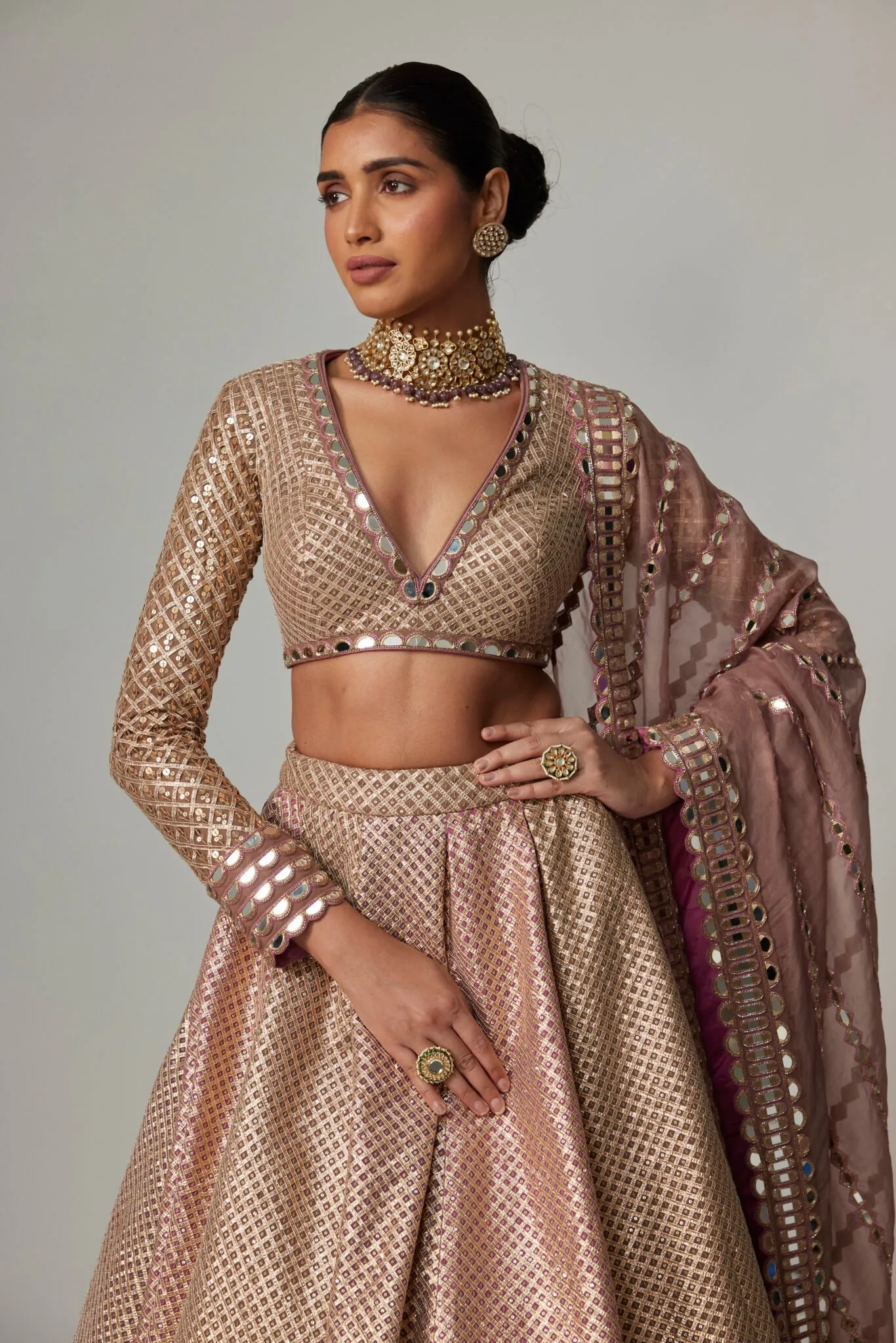 Metallic Rose Gold Lehenga with Long-Sleeved Blouse & Mirror Work Dupatta