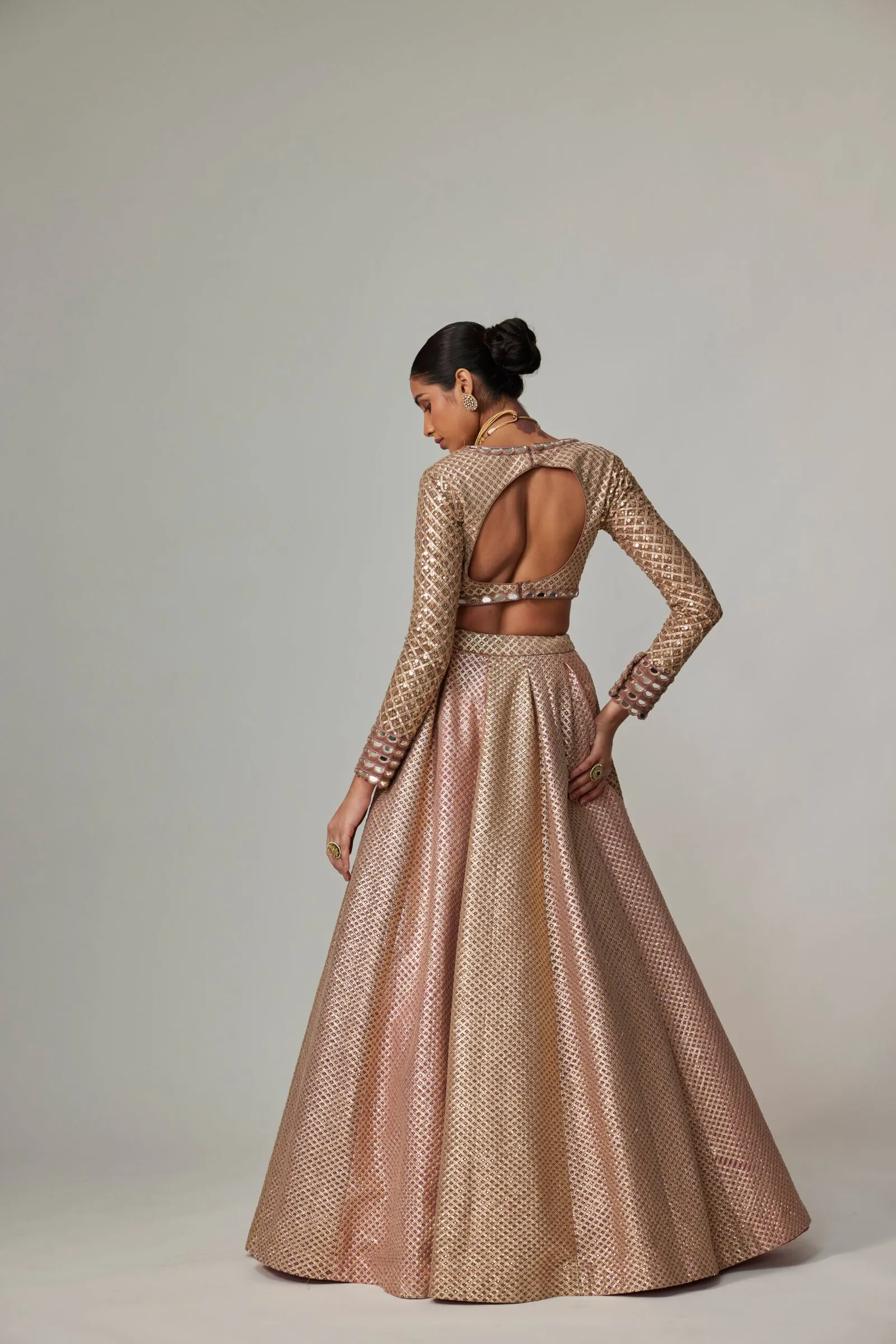 Golden Rose Brocade Lehenga with Full-Sleeved Blouse