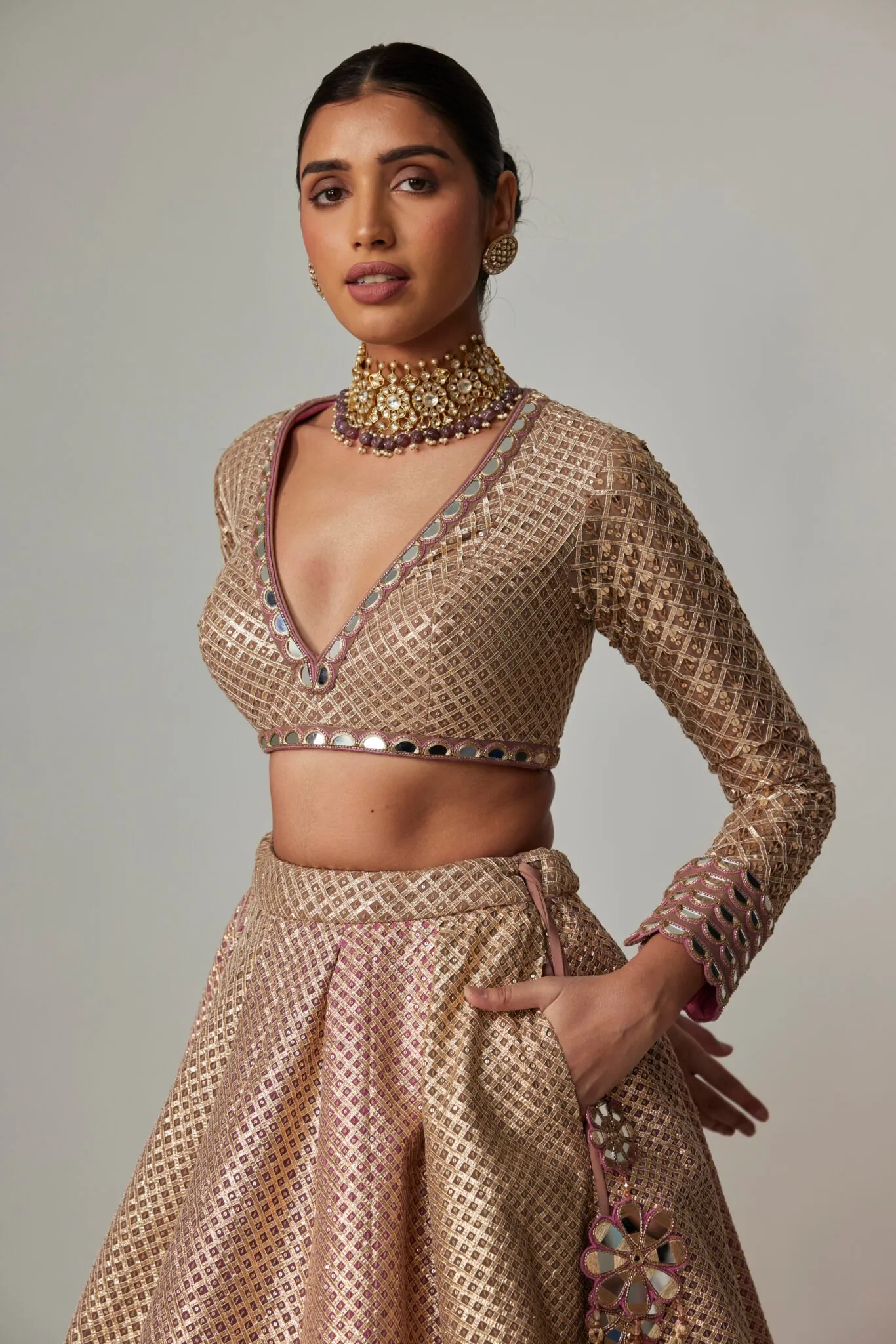 Golden Rose Brocade Lehenga with Full-Sleeved Blouse