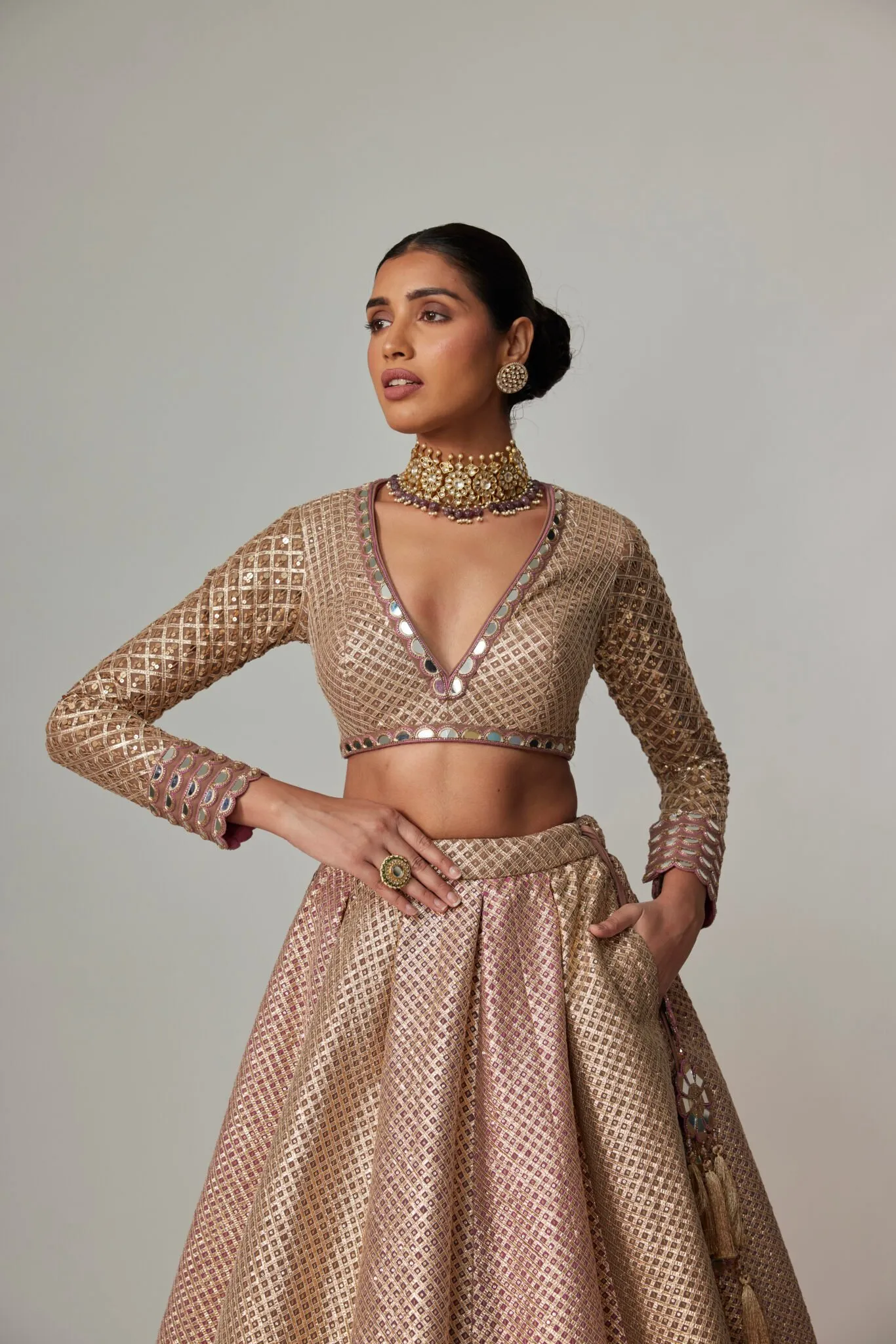 Golden Rose Brocade Lehenga with Full-Sleeved Blouse