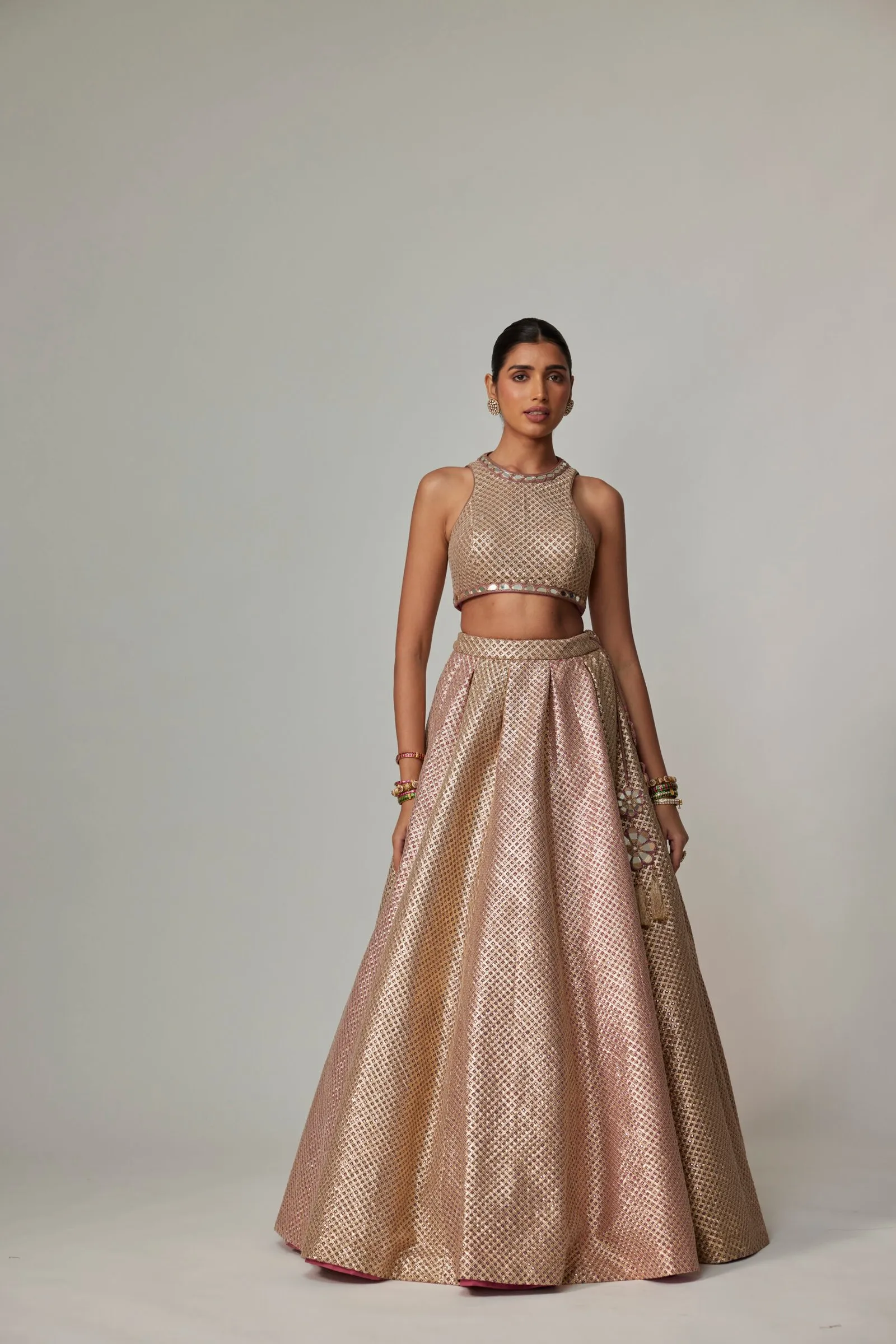 Golden Brocade Lehenga with Halter Neck Blouse