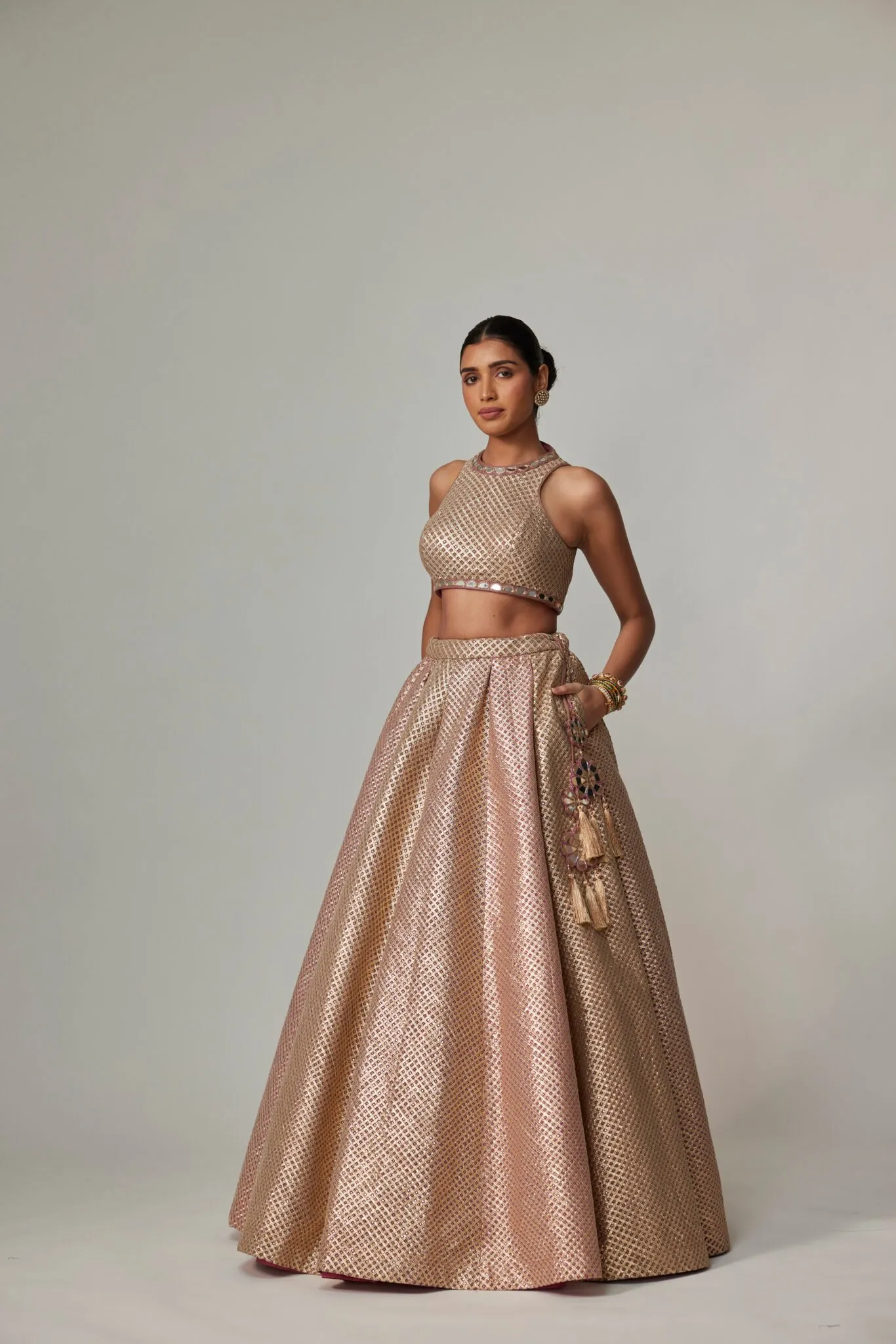 Golden Brocade Lehenga with Halter Neck Blouse