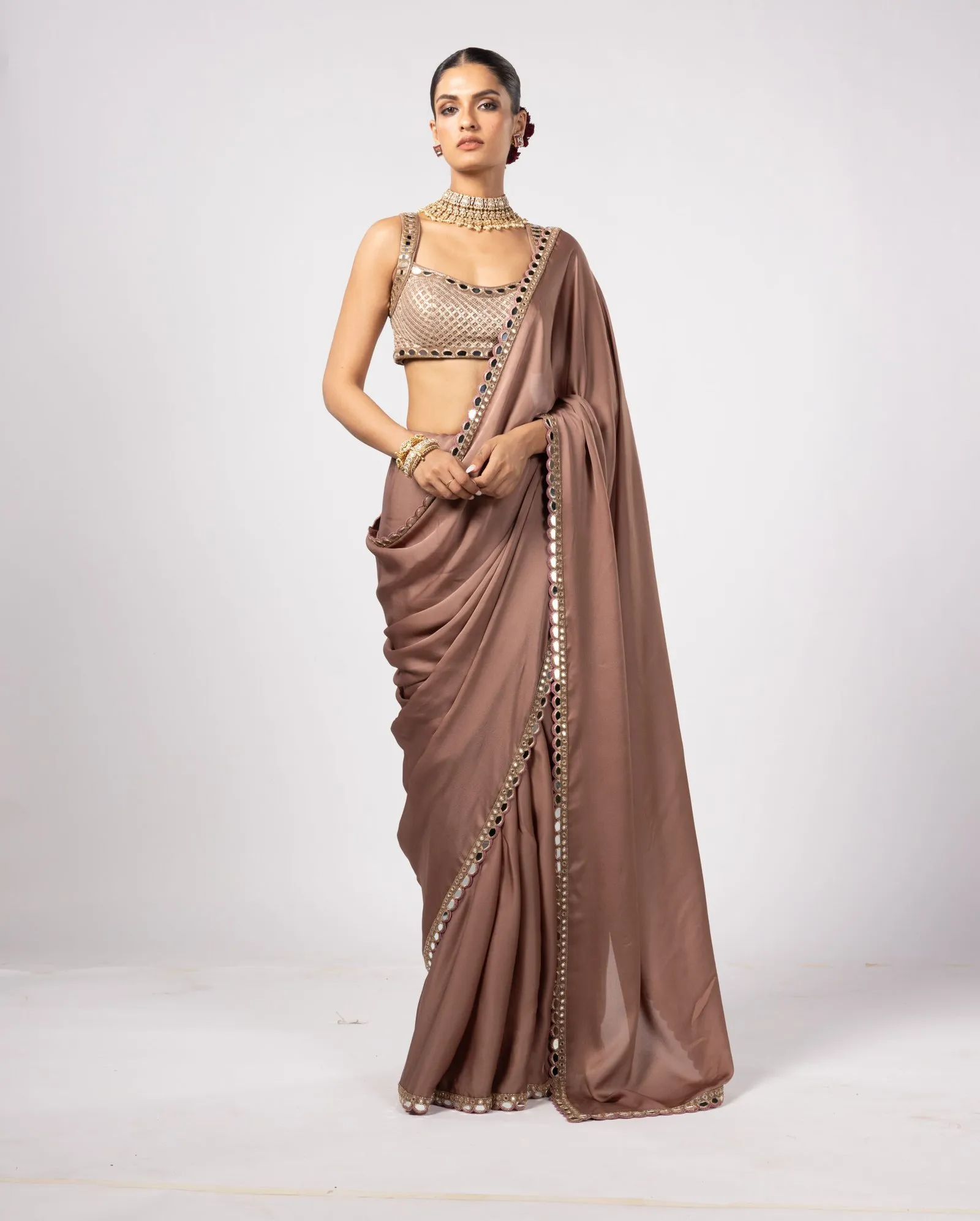 Mocha Brown Sari with Mirror-Embellished Border & Brocade Blouse