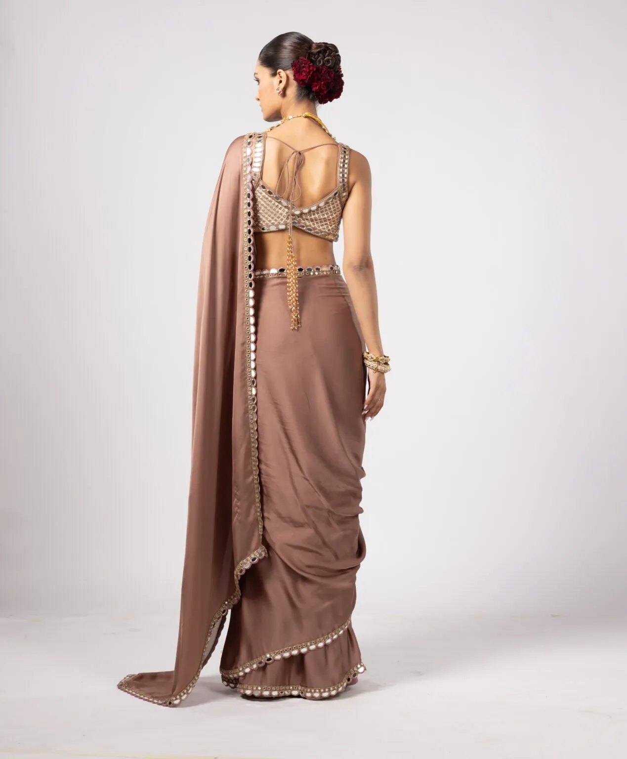 Mocha Brown Sari with Mirror-Embellished Border & Brocade Blouse