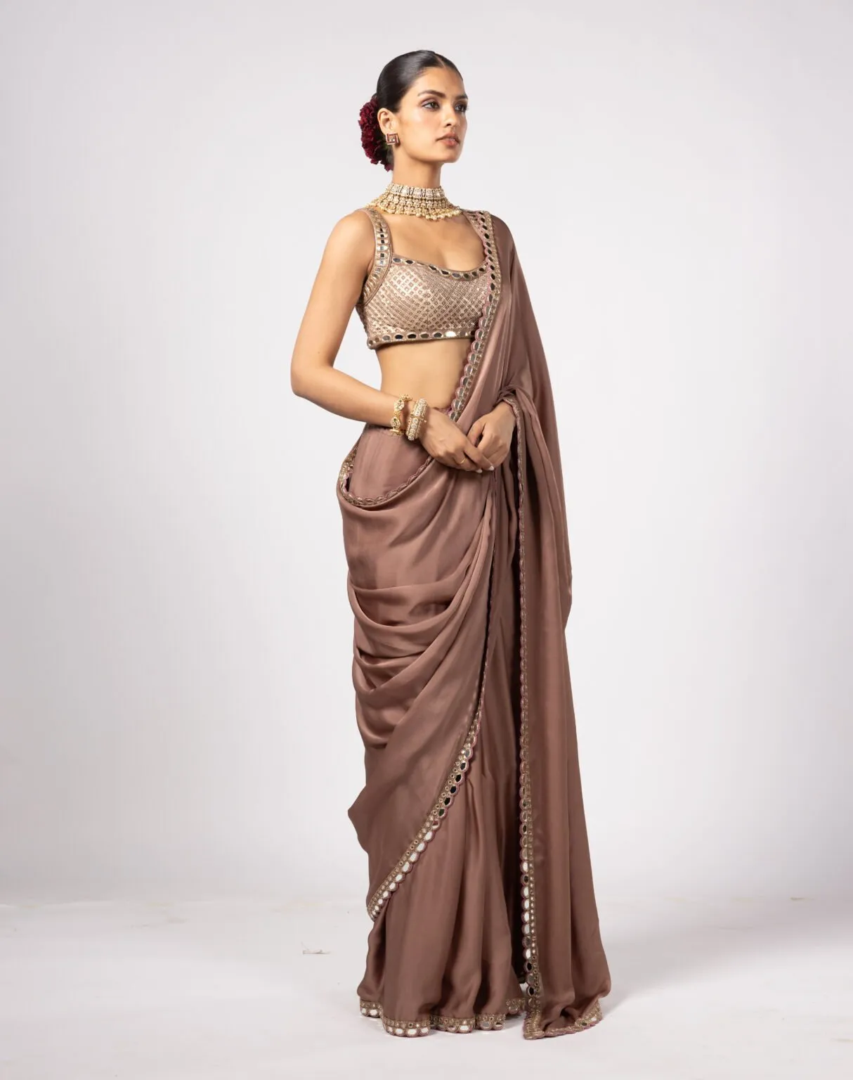 Mocha Brown Sari with Mirror-Embellished Border & Brocade Blouse