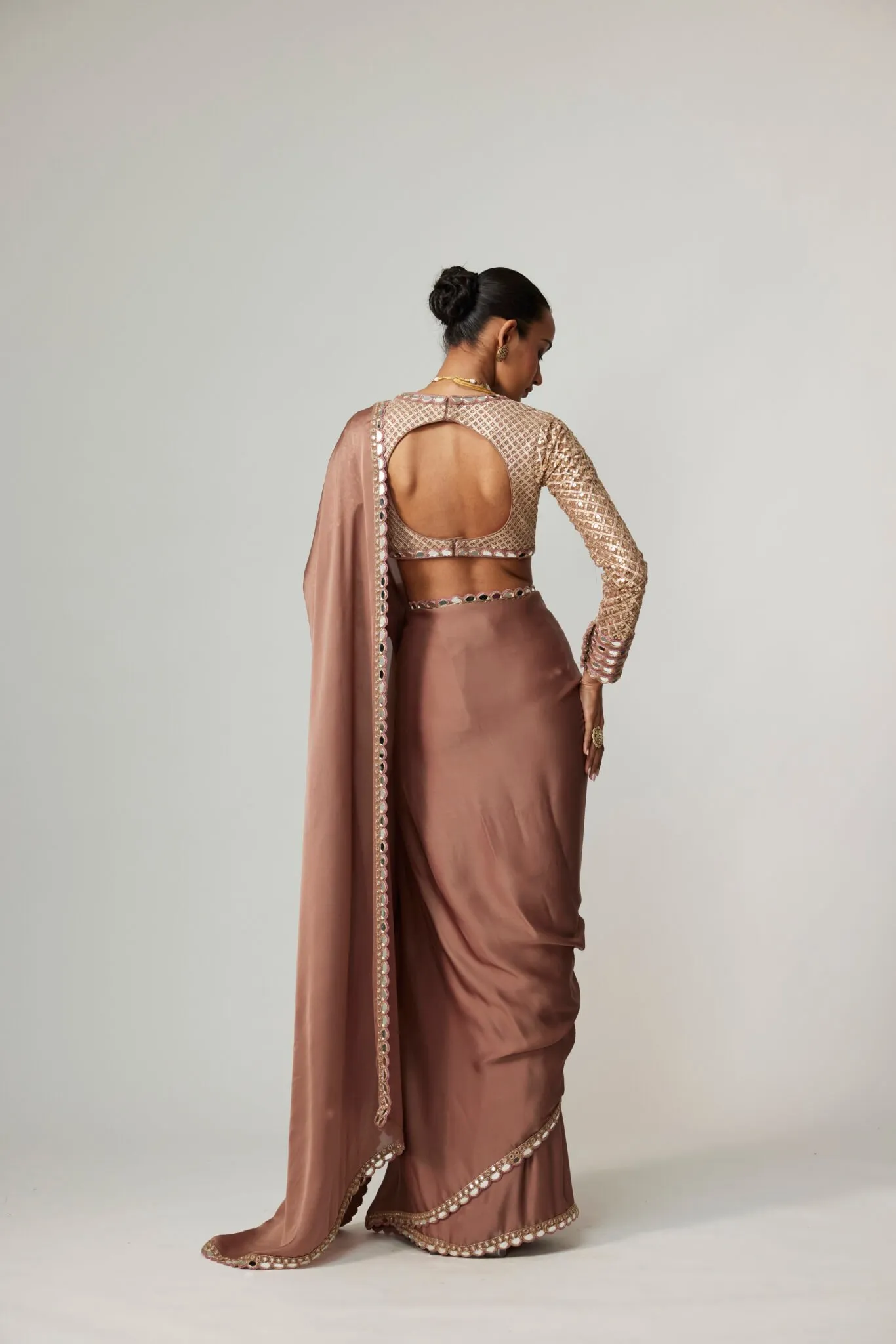 Mocha Brown Sari with Mirror Border & Embellished Blouse