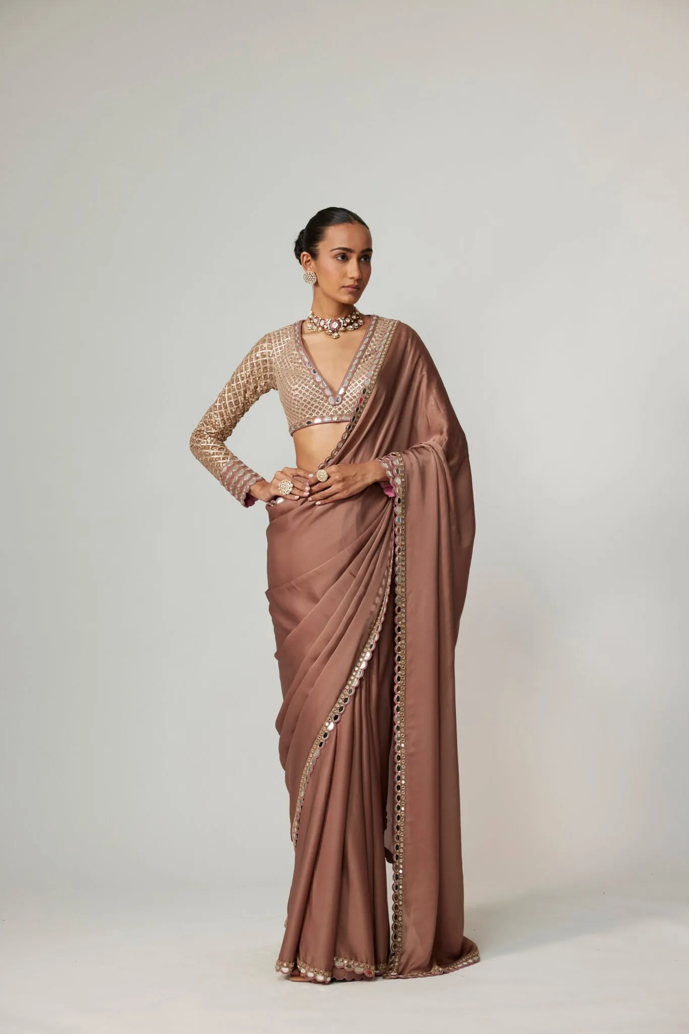 Mocha Brown Sari with Mirror Border & Embellished Blouse