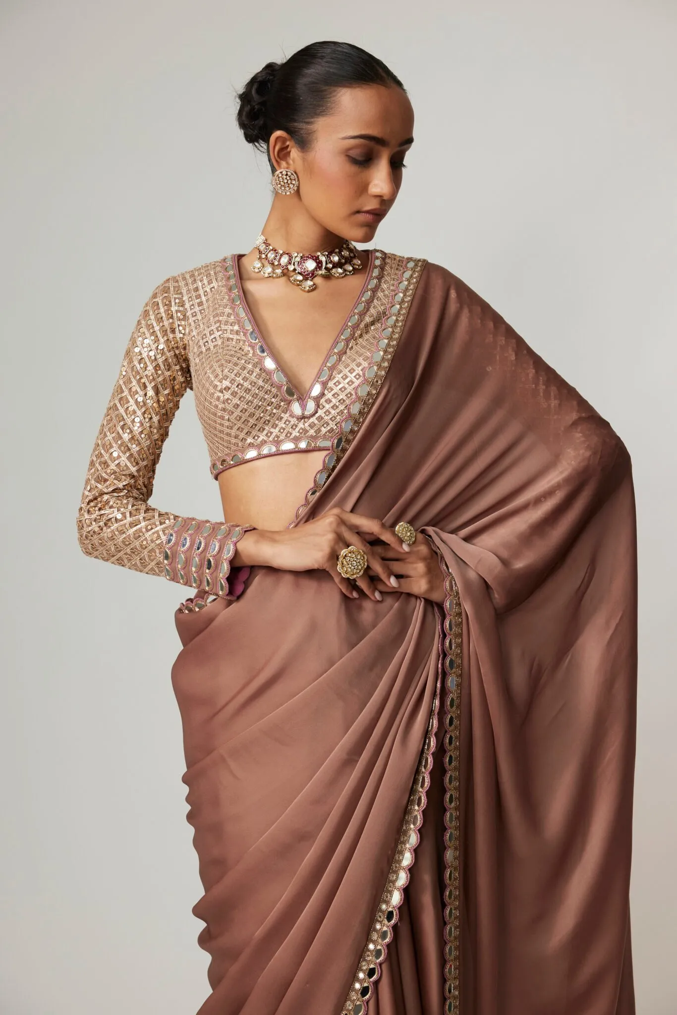 Mocha Brown Sari with Mirror Border & Embellished Blouse